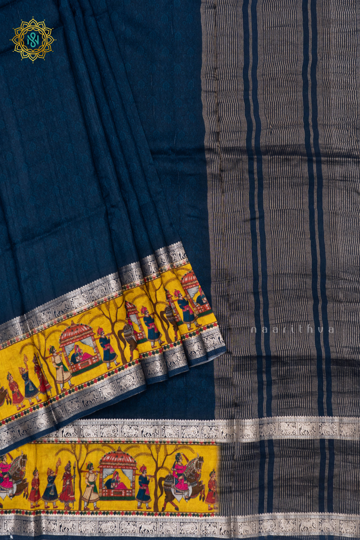 PEACOCK BLUE WITH YELLOW - SEMI CREPE SILK