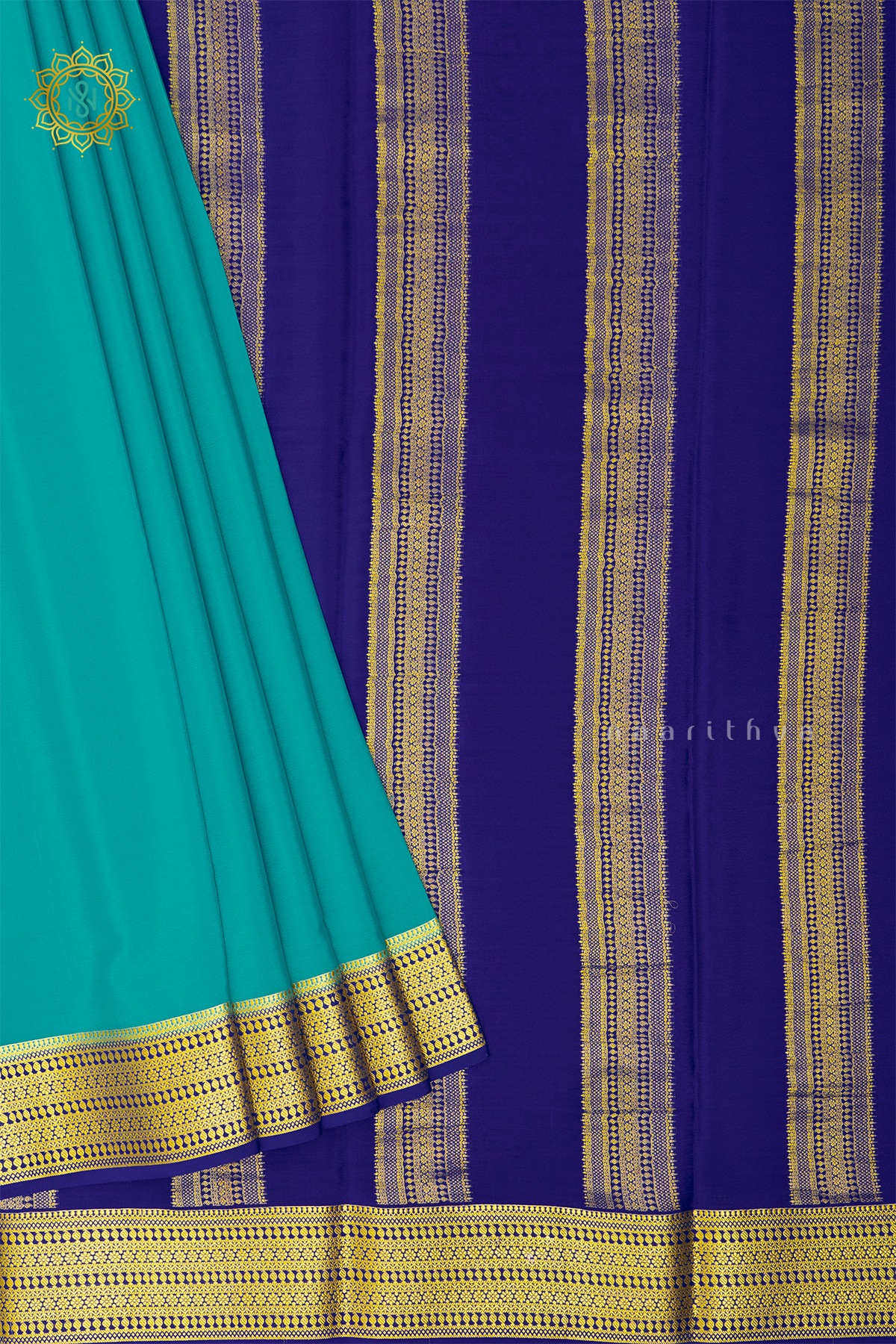AQUA BLUE WITH ROYAL BLUE - PURE MYSORE CREPE SILK