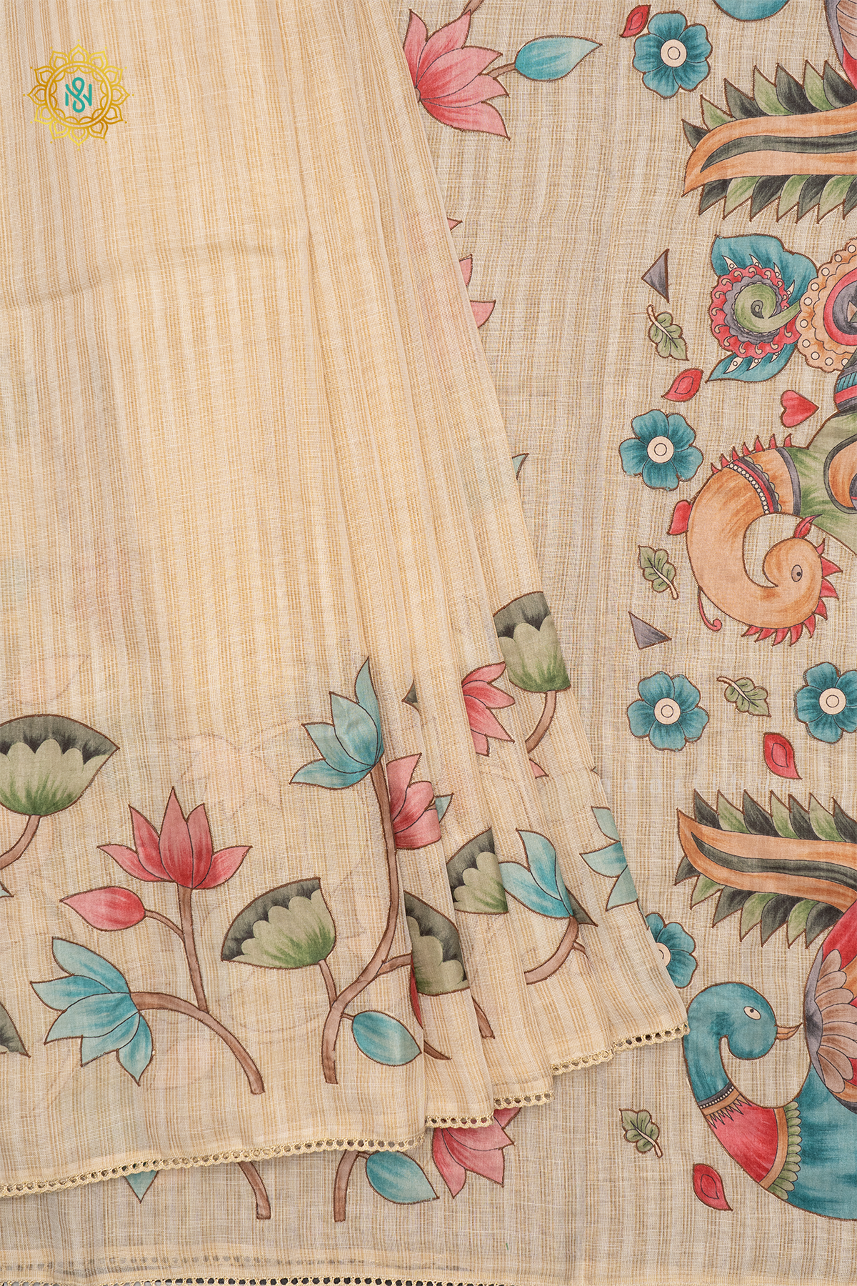 OFF WHITE LIGHT PEACHISH PINK - LINEN TISSUE WITH APPLIQUE WORK
