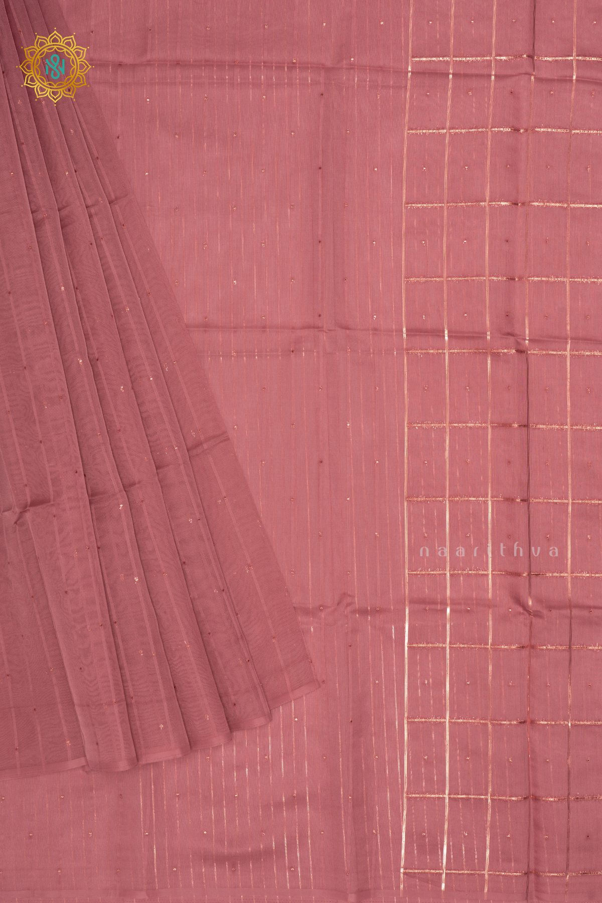 Peachish Pink Organza Saree With Zari Buttas And Stripes With Checks On Pallu And Blouse