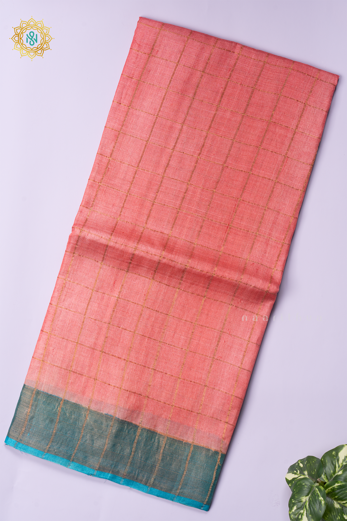 PEACHISH PINK WITH SKY BLUE - PURE TUSSAR SILK
