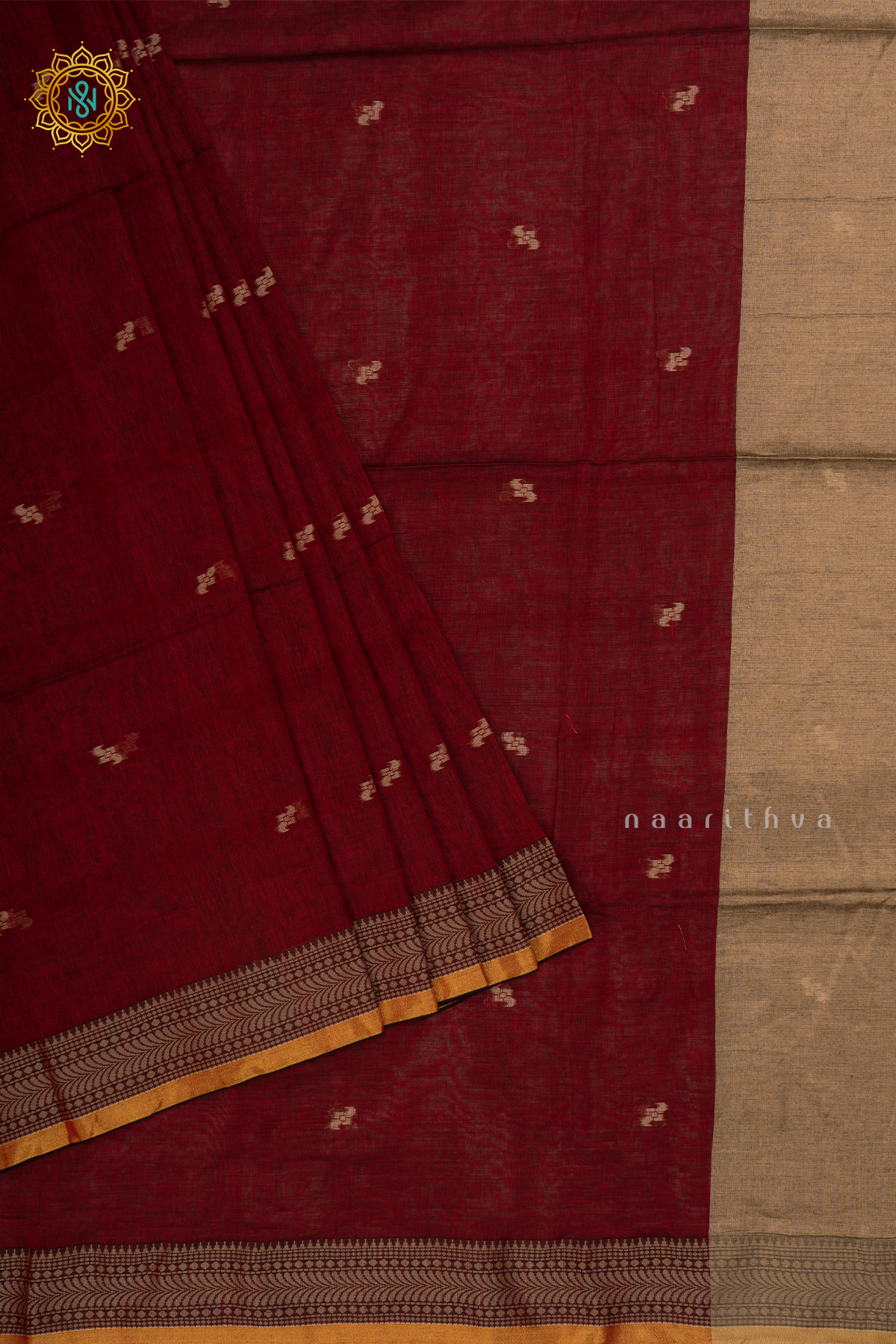 Dark Red Mul Cotton Saree Thread Woven Buttas On The Body With Thread and Zari Woven Border
