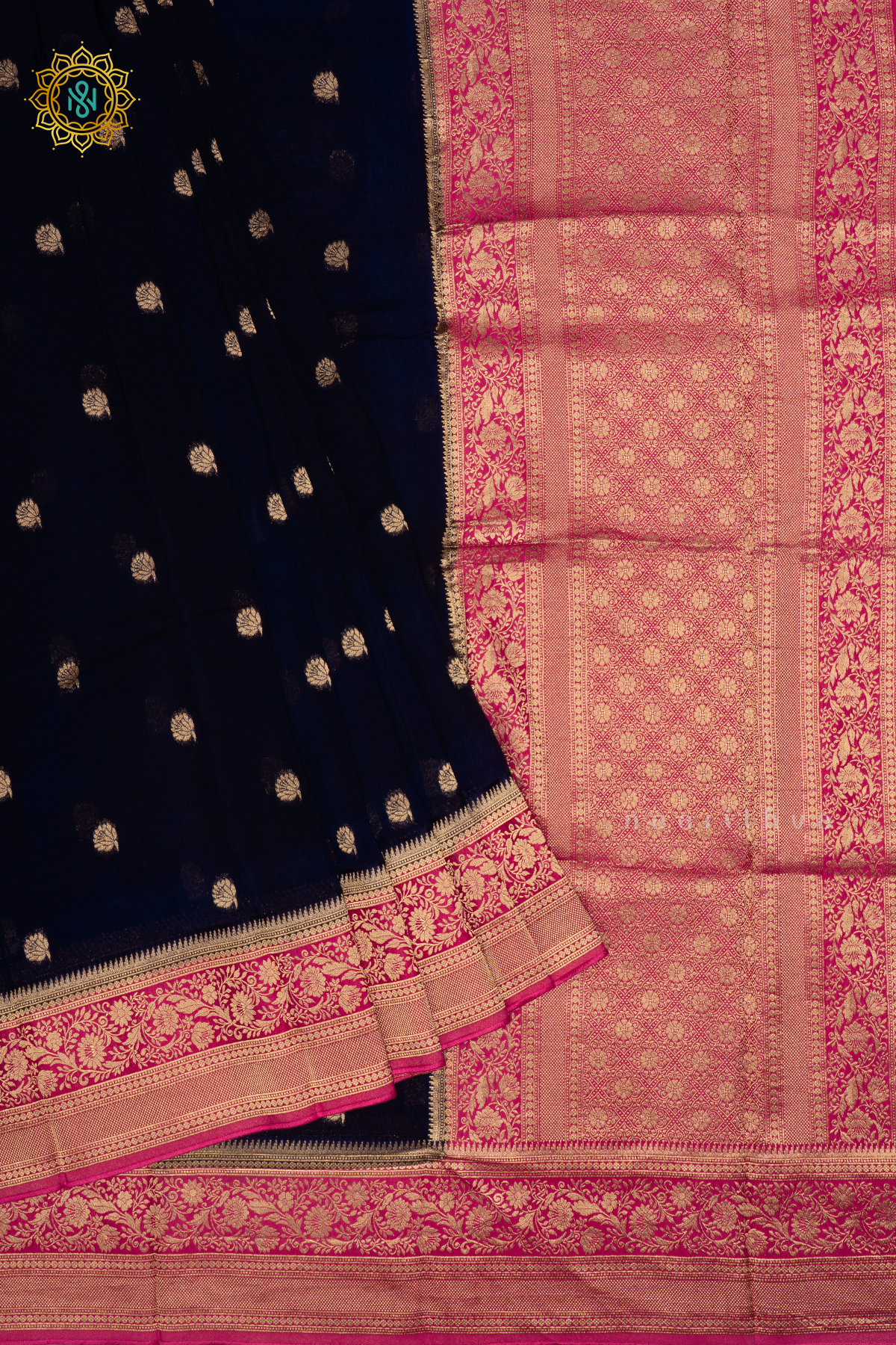 Purple with Pink Pure-Mix Banarasi Crepe Saree with All-Over Zari Buttas and a Contrast Zari Border