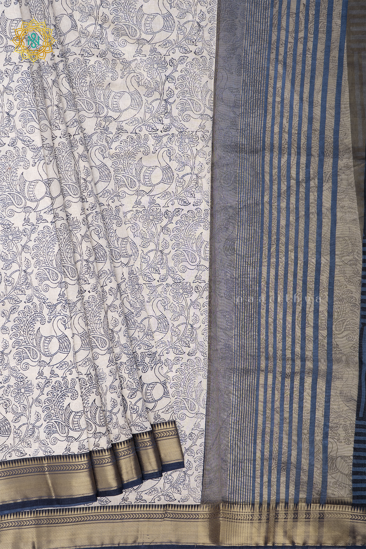 WHITE WITH BLUE - CHANDERI SILK COTTON