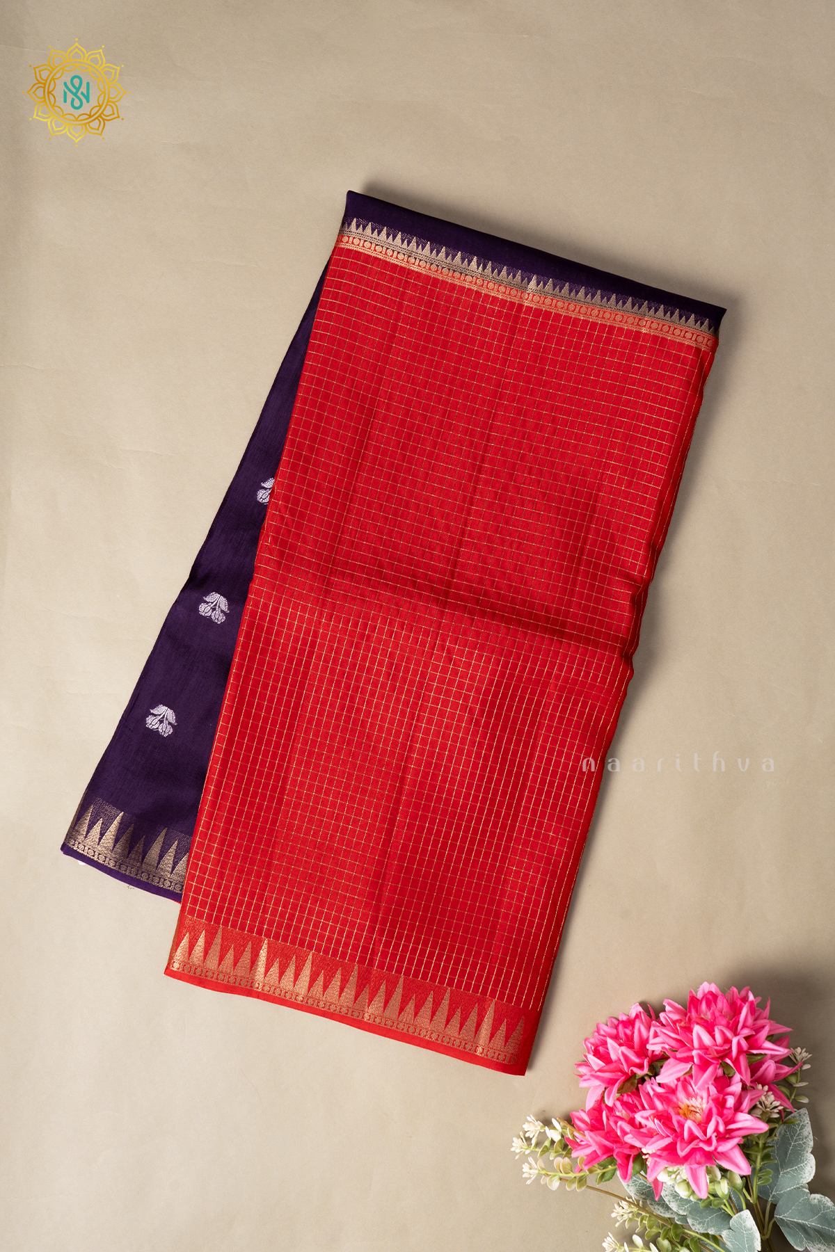 Purple With Red Semi Crepe Silk Saree With Zari Checks & Buttas On The Body With Half & Half Pattern