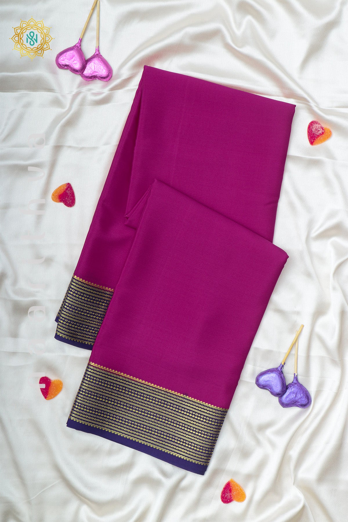 PINK WITH NAVY BLUE - PURE MYSORE CREPE SILK