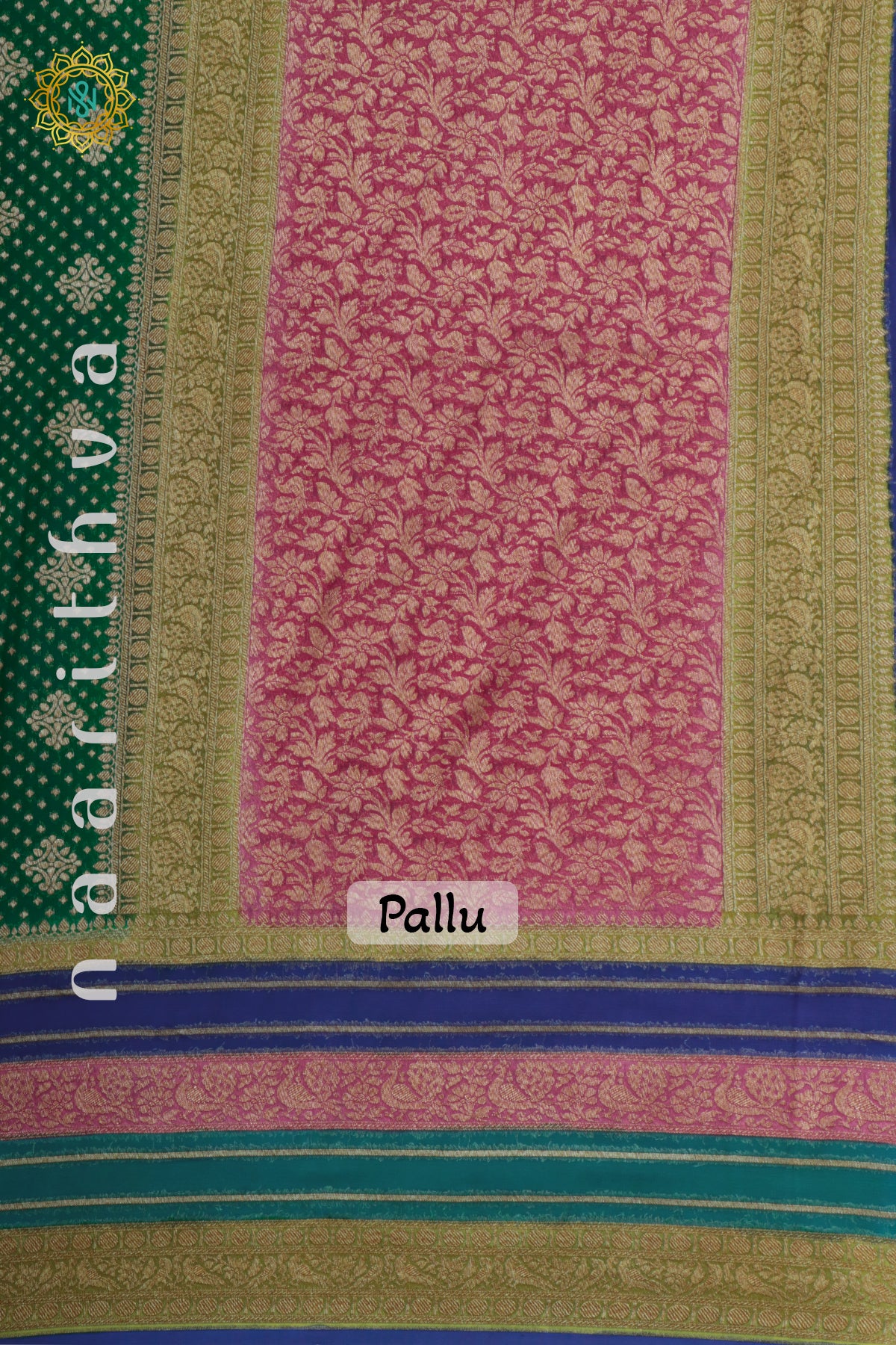 GREEN WITH BLUE, PINK & PARROT GREEN - PURE BANARASI KHADDI GEORGETTE