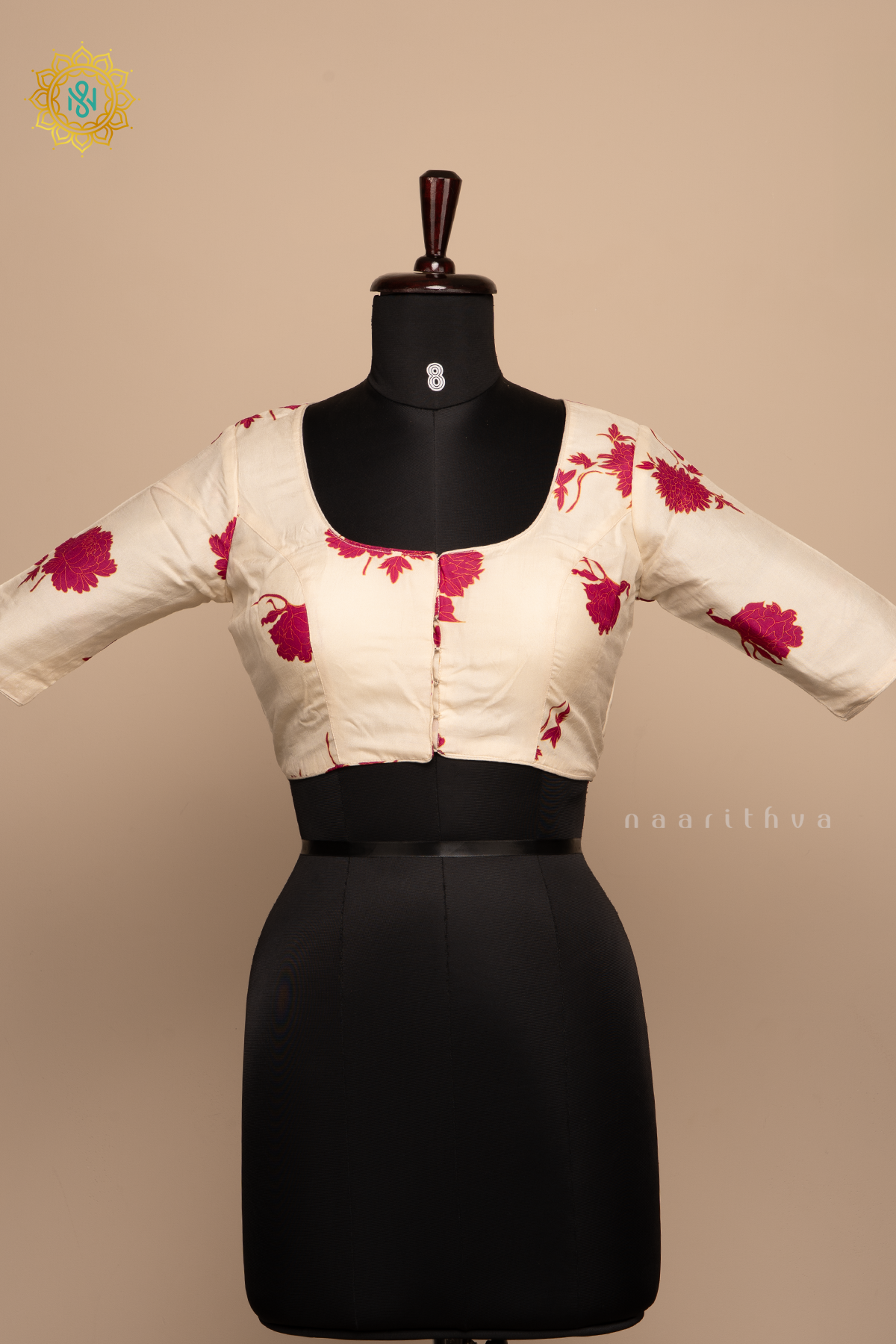 OFF WHITE WITH PINK - DOLA SILK READYMADE BLOUSE WITH FLORAL PRINTS