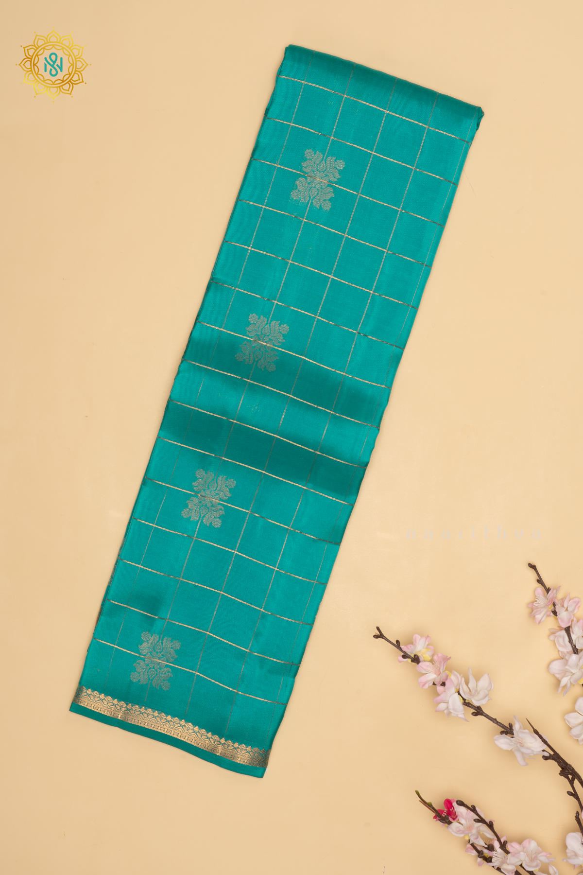 Dual Shade of Blue Semi Kanchi Silk Saree with Zari Checks And Buttas All Over With Zari Border