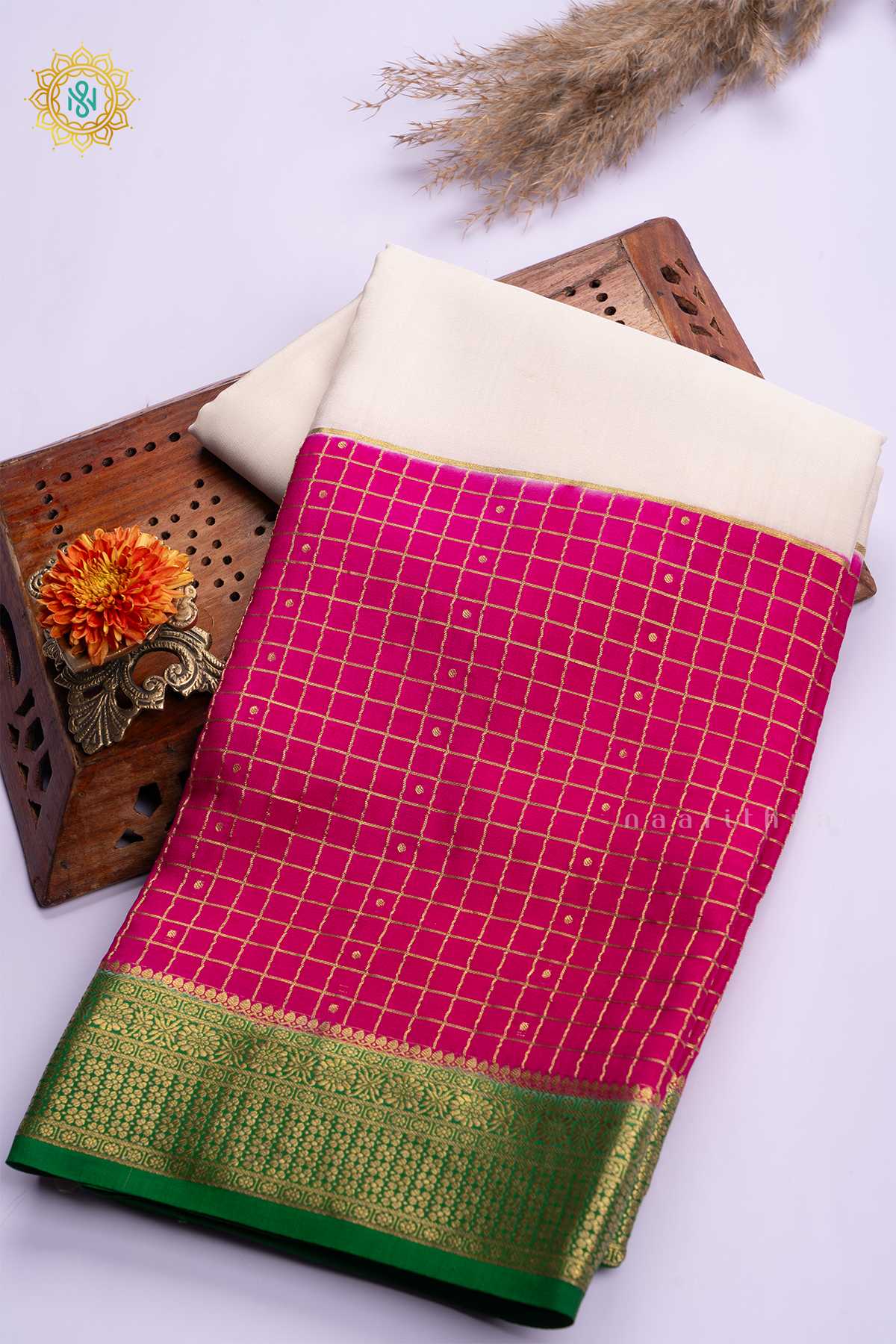 WHITE WITH PINK & GREEN - PURE MYSORE CREPE SILK