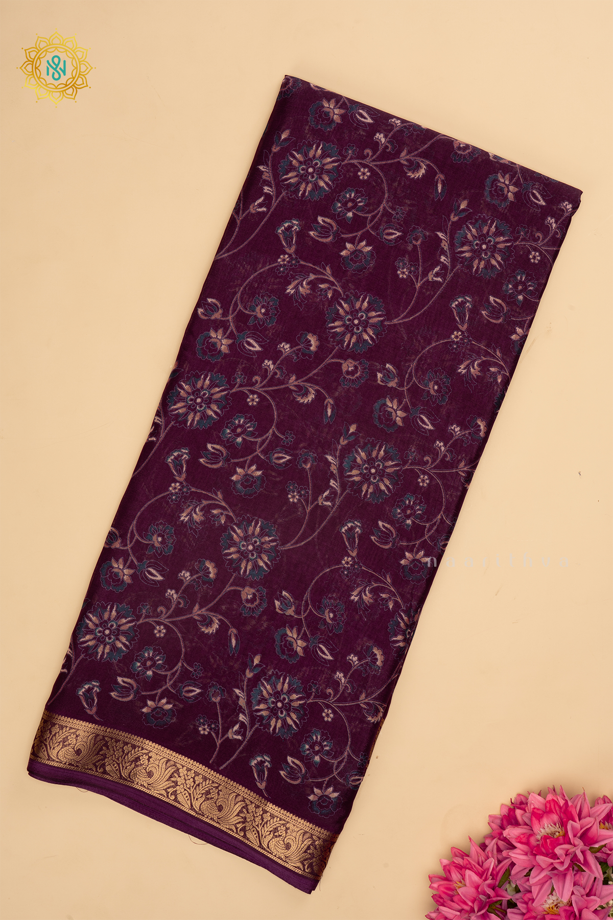 Wine Semi Georgette  Saree With Printed Body And Zari Border