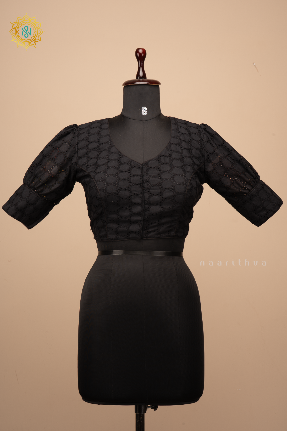 Black - Cotton readymade blouse with hakoba work and puff sleeves