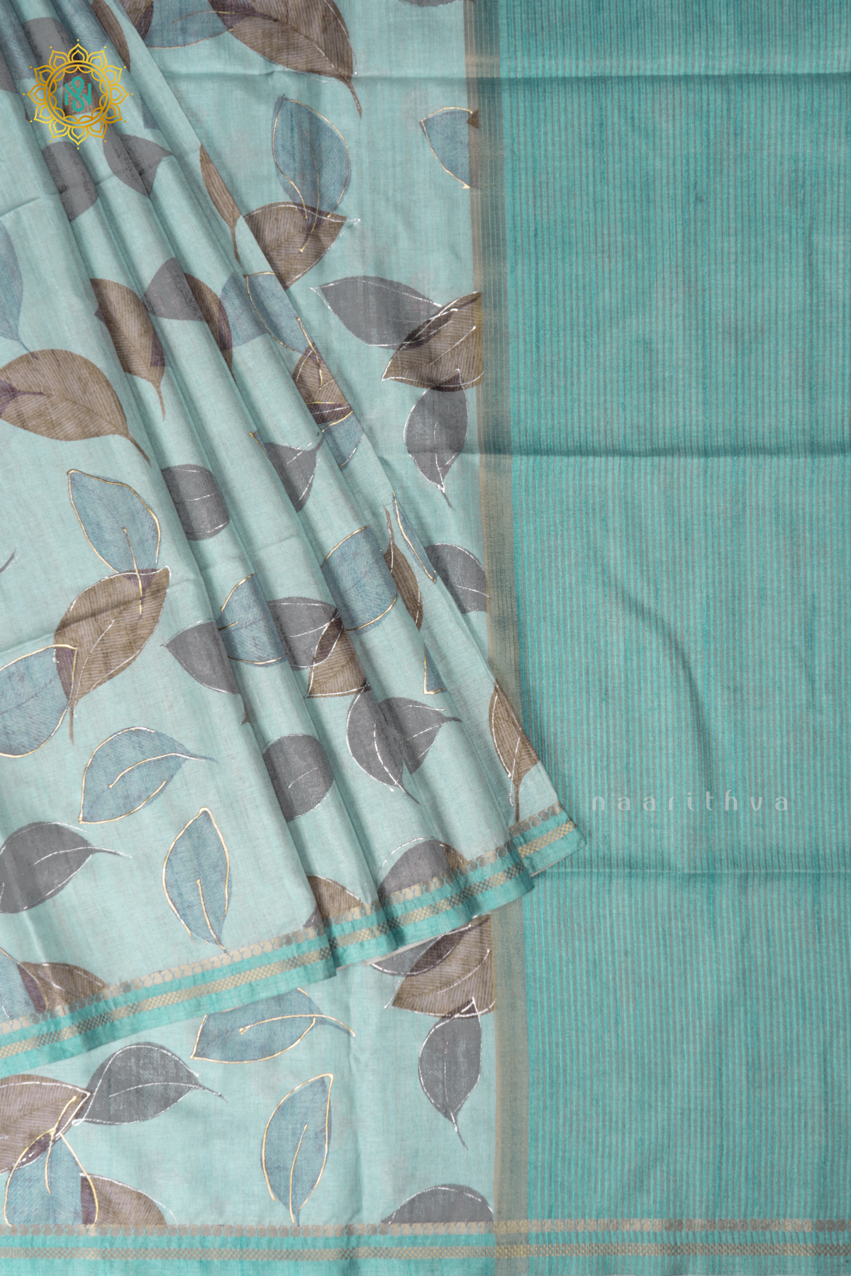 Aqua Green Semi Tussar Silk Saree With Allover Leaf Prints On The Body With Contrast Pallu