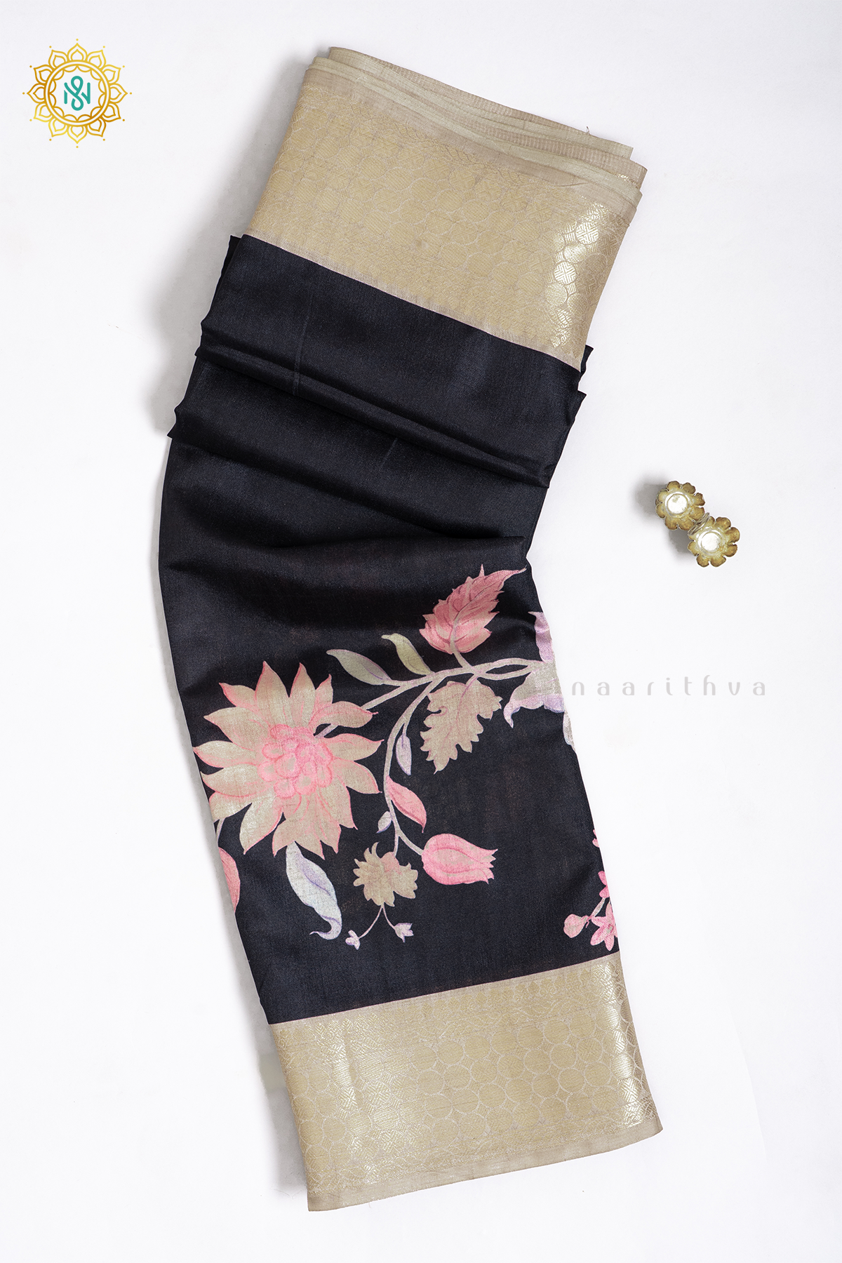 BLACK WITH OFF WHITE - SEMI TUSSAR SILK