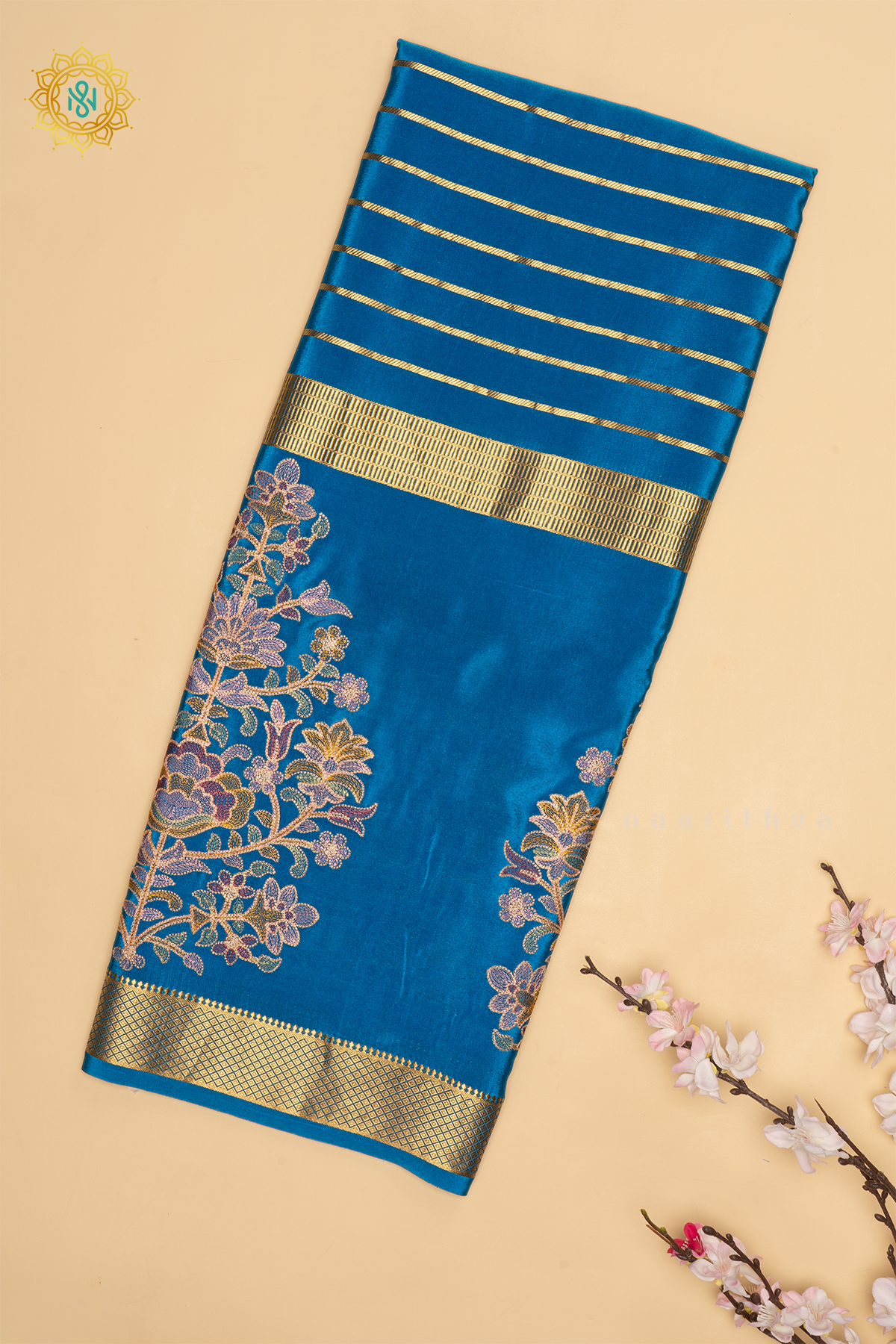 Sky Blue Pure Mysore Crepe Silk Saree With Zari Striped Body And Zari Printed Gap Border Saree With Plain Body And Contrast Zari Border