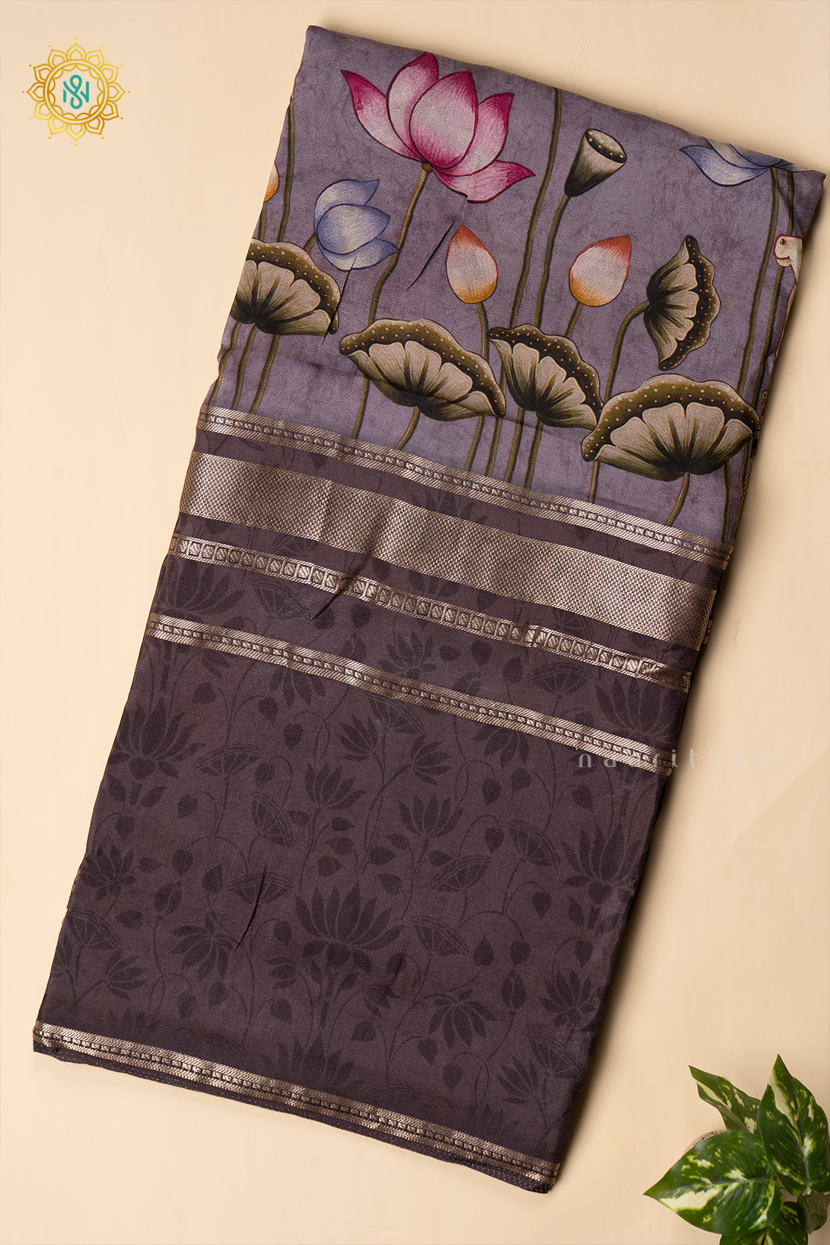 BROWN WITH LAVENDER - SEMI CREPE SILK