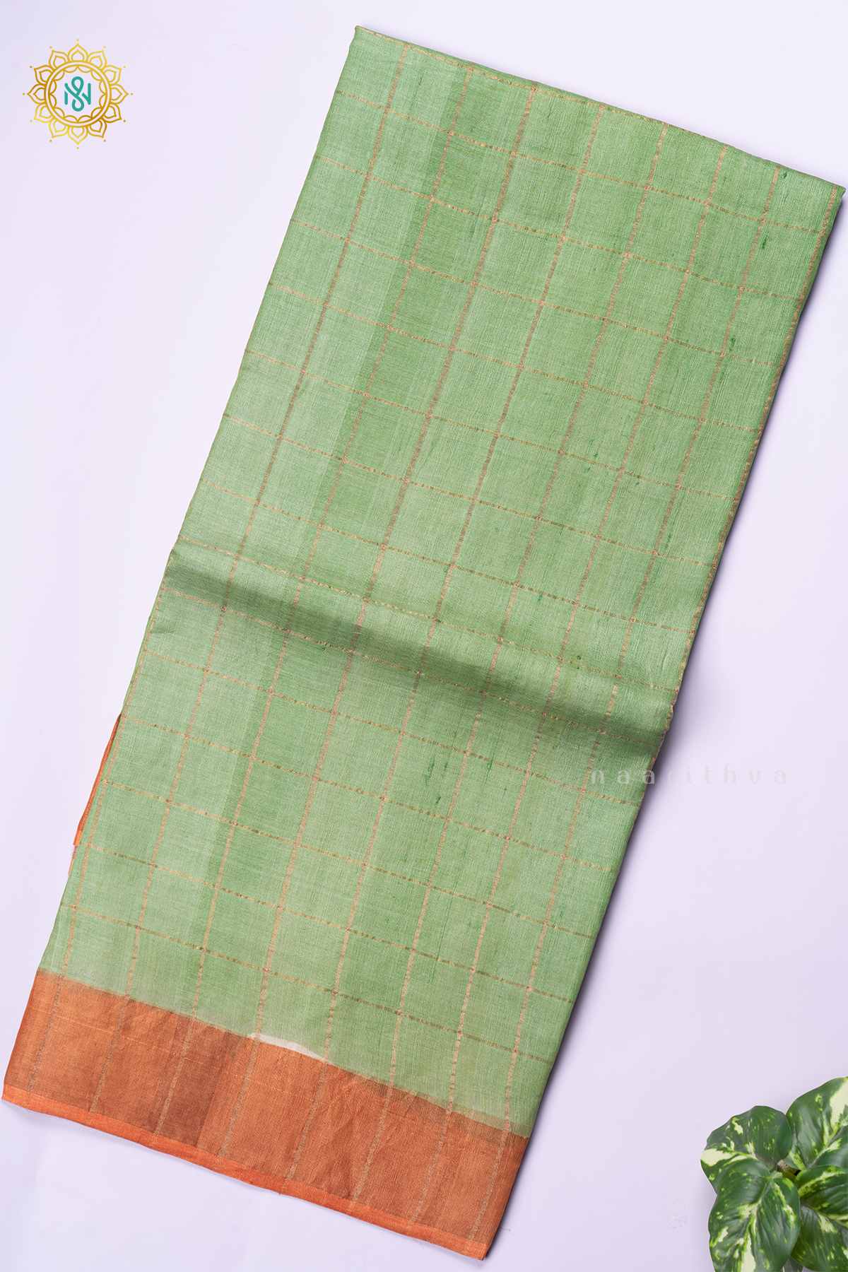 PISTA GREEN WITH RUST ORANGE - PURE TUSSAR SILK