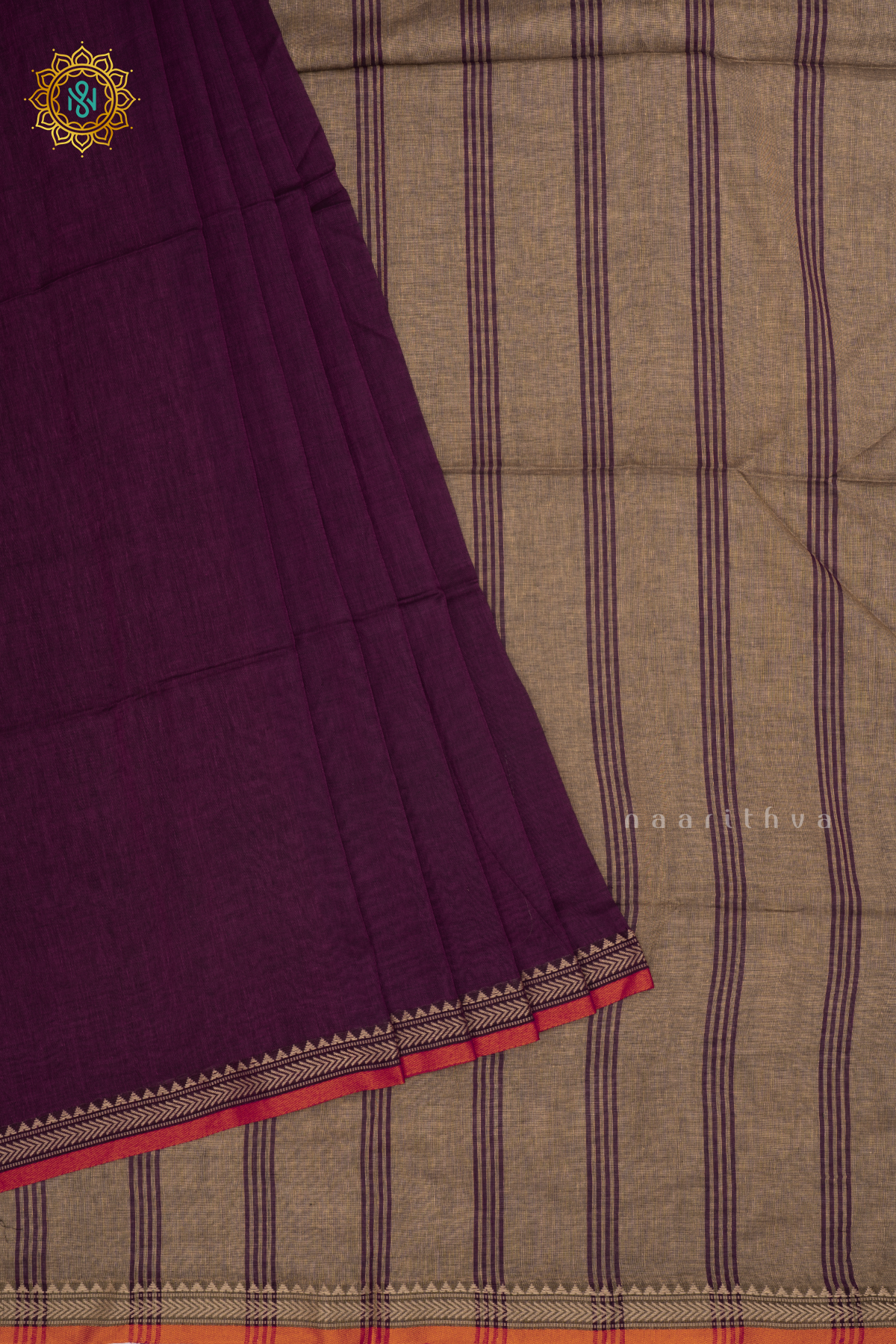Wine With Beige Mul Cotton Plain Body With Thread Woven Border