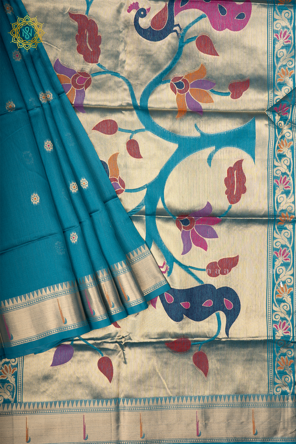 Teal Blue Semi Tussar Silk Saree Zari Buttas On The Body With Paithani Border & Pallu