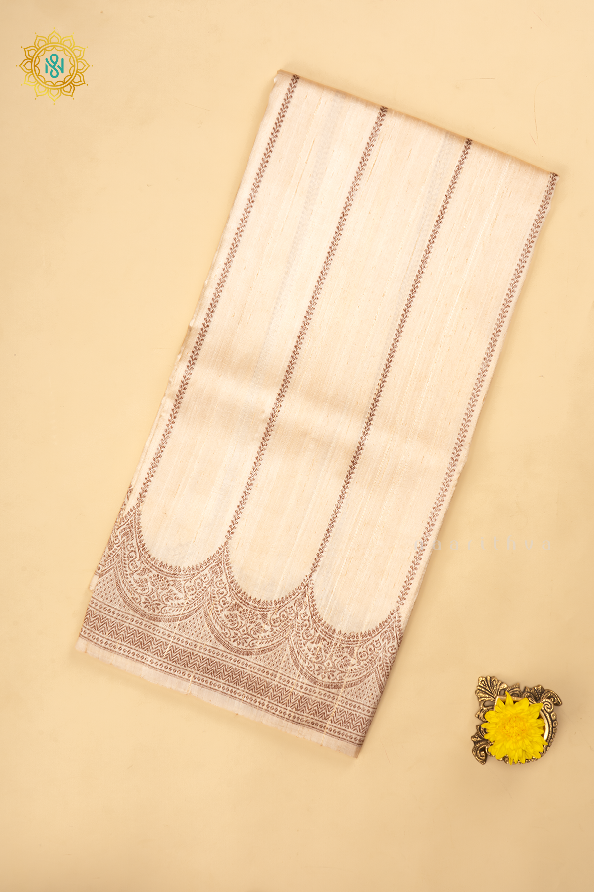 OFF WHITE - PURE BANARASI RAW SILK SAREE WITH ALLOVER  ZARI STRIPES AND SCALLOP BORDER