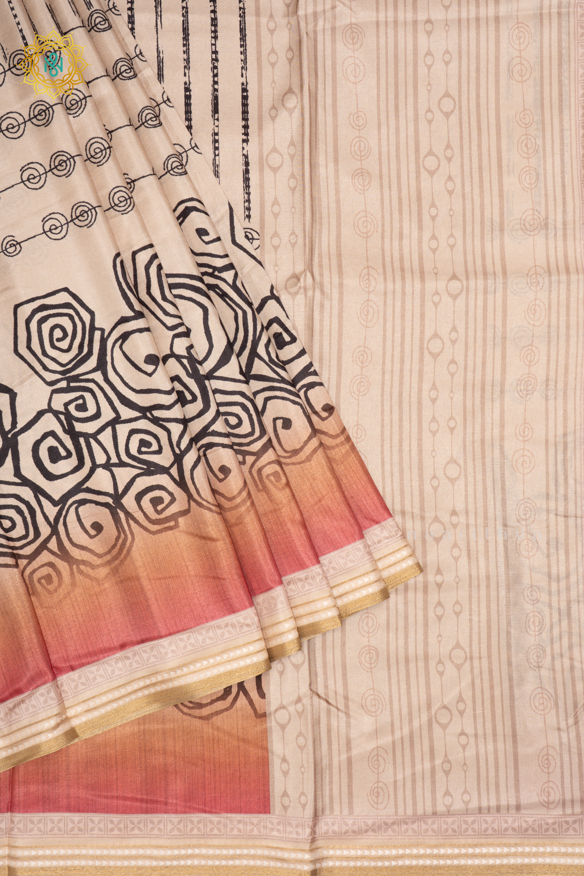 BEIGE WITH PEACH - SEMI CREPE SILK SAREE DIGITAL PRINTS AND ZARI WOVEN BORDER