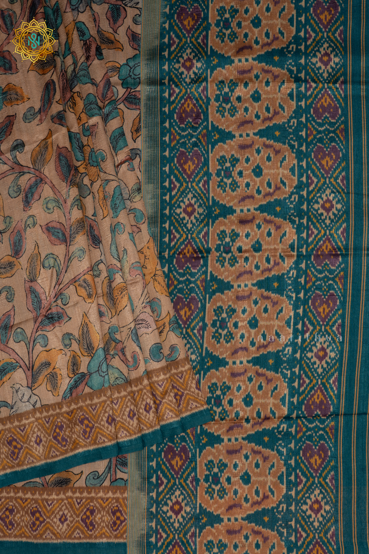 Beige With Blue - Semi Gicha Tussar Saree Allover Kalamkari Printed Body With Pallu And Blouse