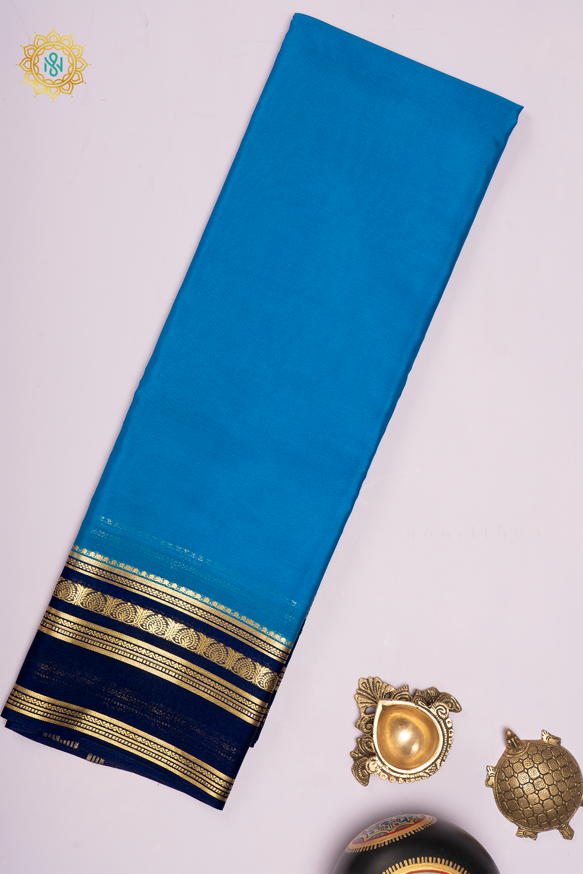 BLUE WITH NAVY BLUE - PURE MYSORE CREPE SILK