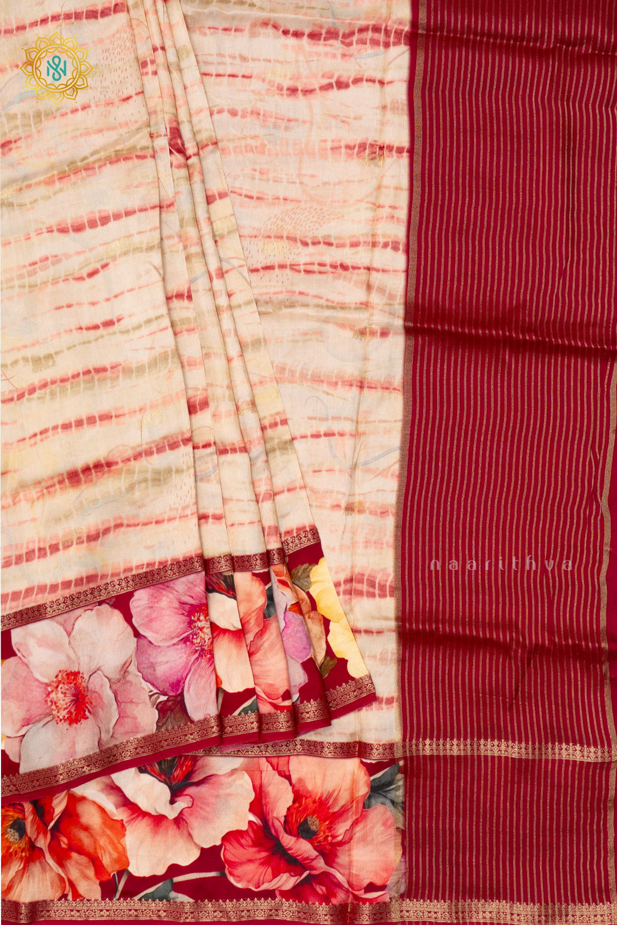 BEIGE WITH MAROON - SEMI CREPE SILK