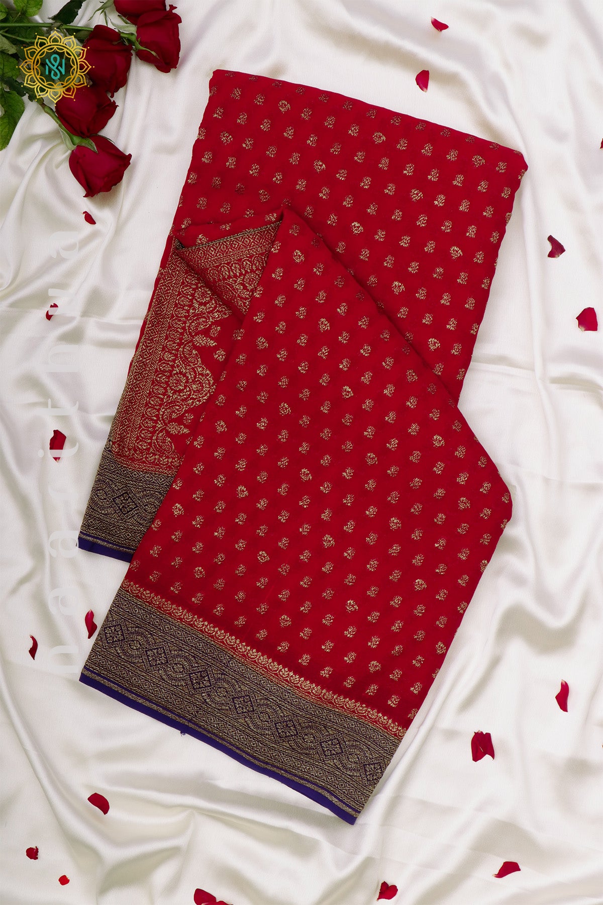 RED WITH BLUE - PURE HANDLOOM KHADDI GEORGETTE BANARAS