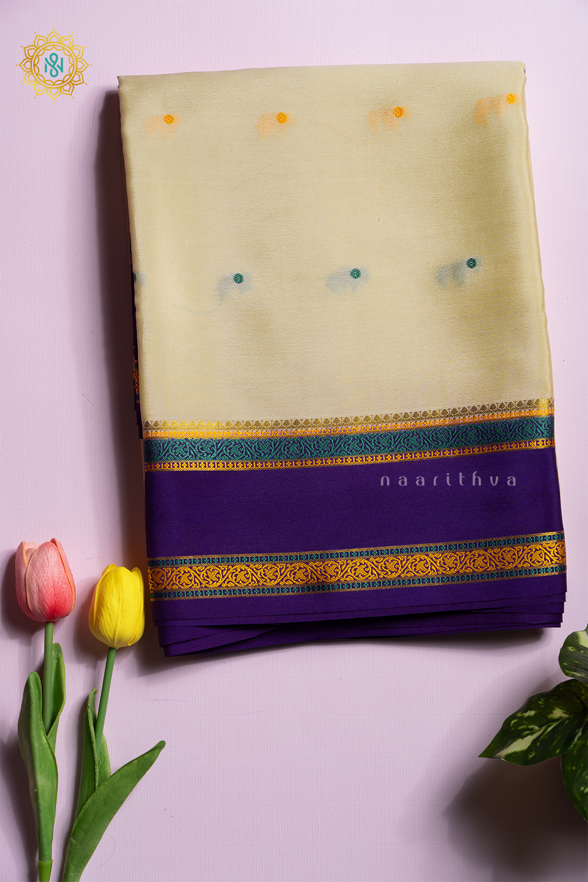 OFF WHITE WITH PURPLE - PURE MYSORE CREPE SILK