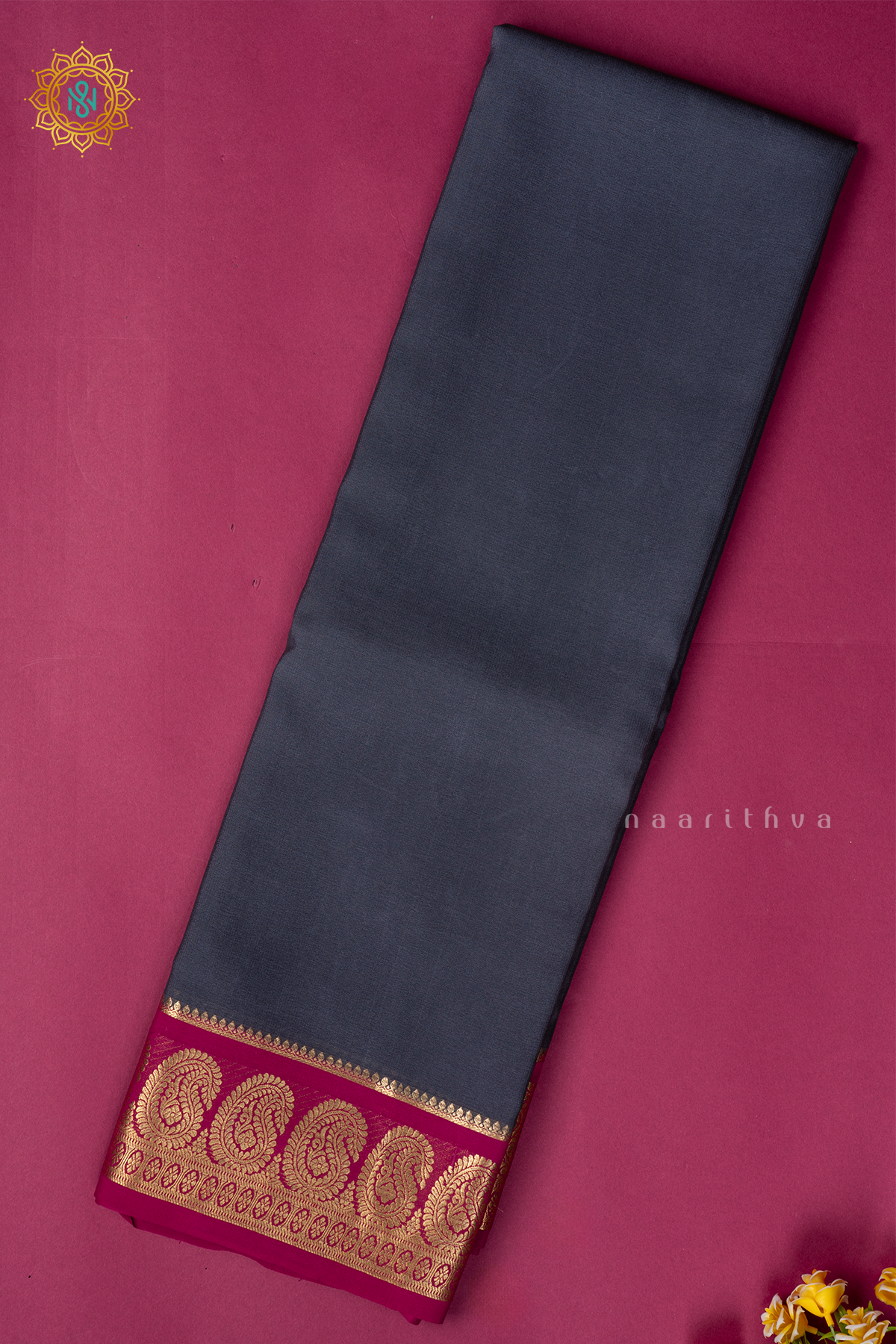 ELEPHANT GREY WITH PINK - PURE MYSORE CREPE SILK