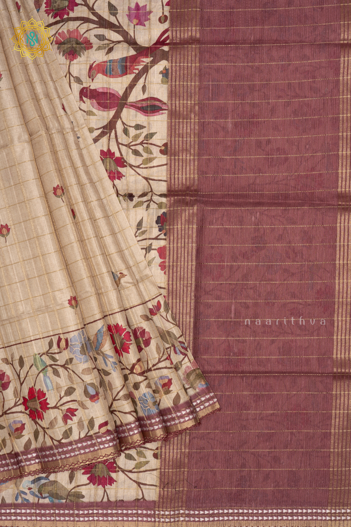 Off White With Mauve Semi Tussar Silk Saree With Printed And Zari Striped Body And Thread Woven Tissue Border