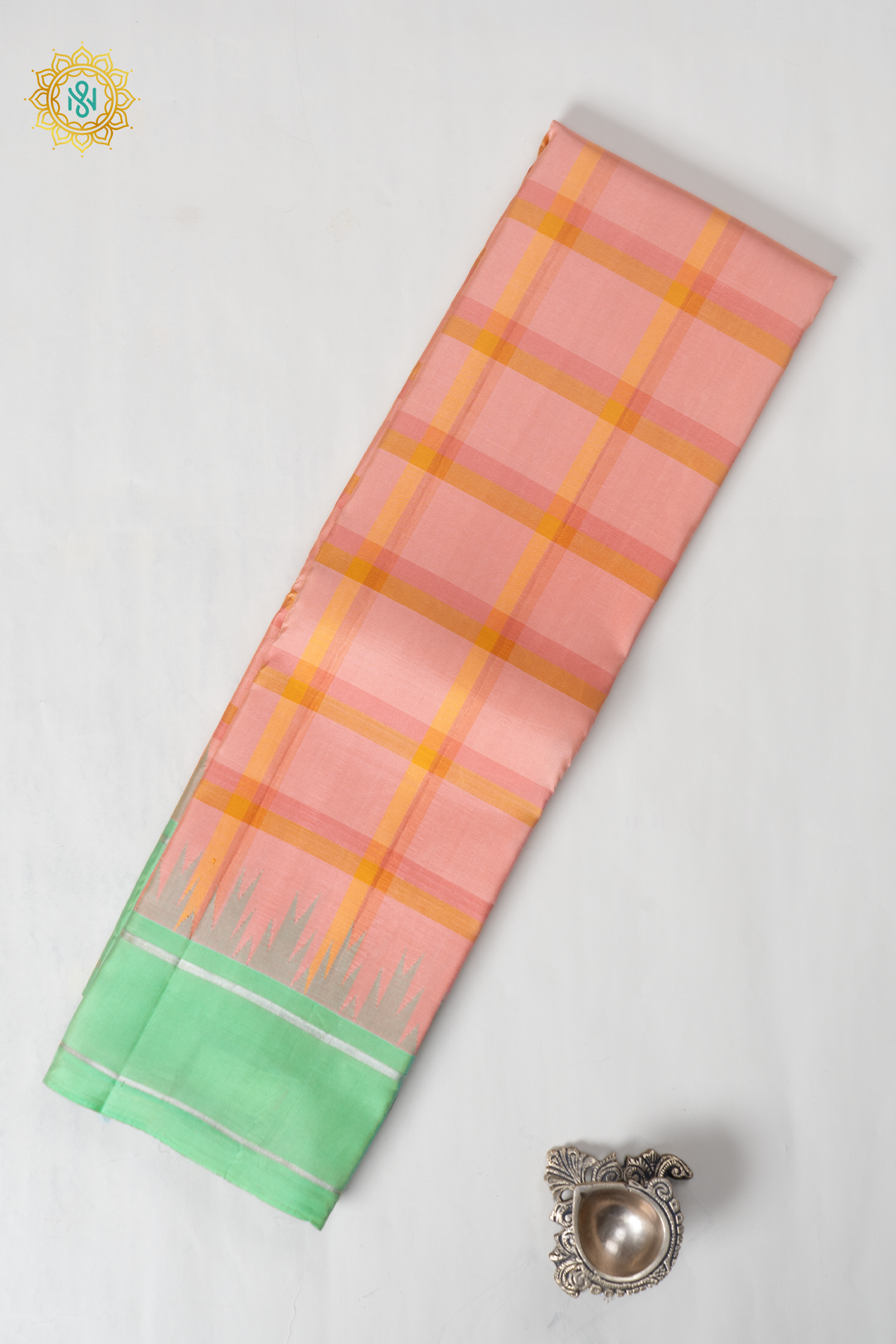Peach With Green Pure Kanjivaram Silk Saree With Checks Body & Contrast Bentex Border