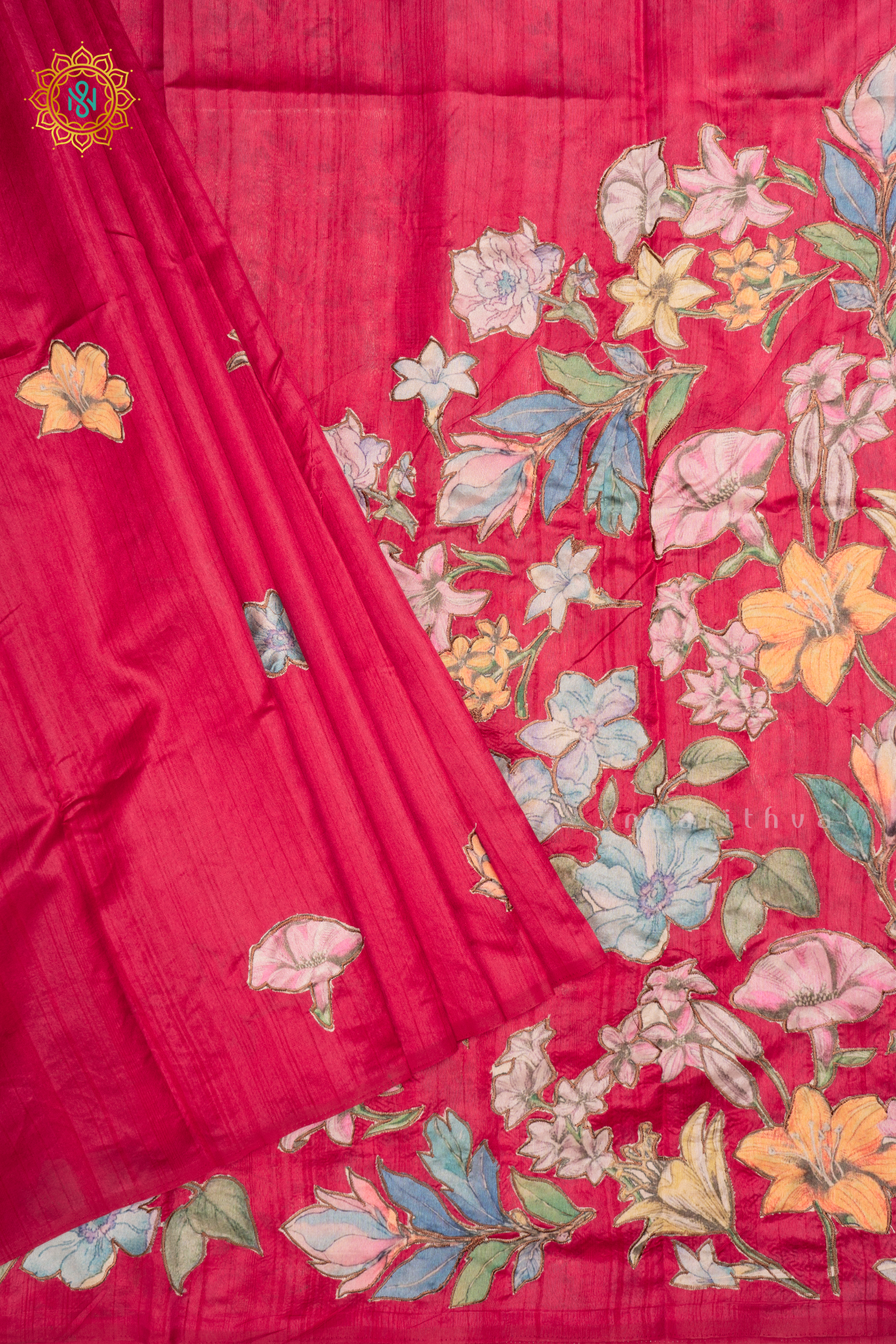RANI PINK - SEMI TUSSAR SILK SAREE WITH APPLIQUE WORK AND DUAL BLOUSE