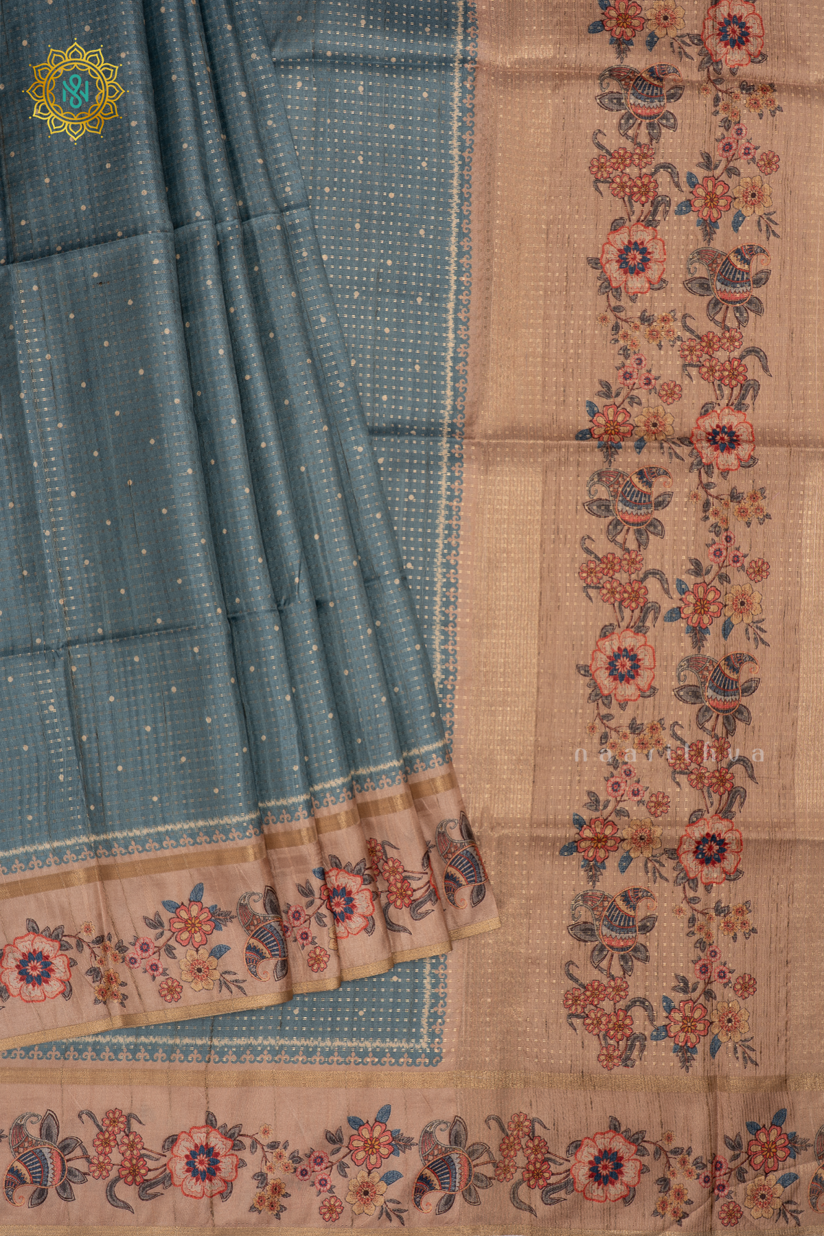 BLUE WITH BEIGE -  SEMI TUSSAR SILK