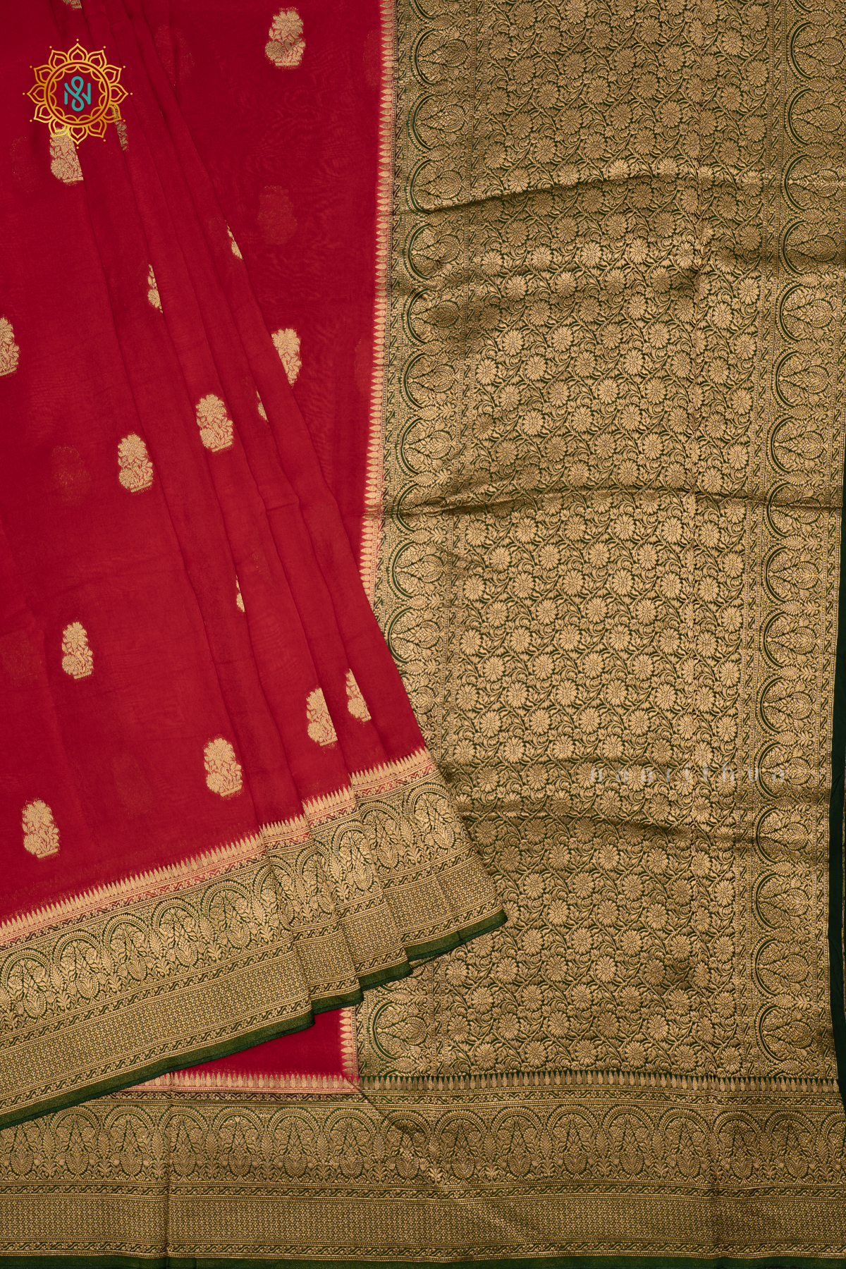 Red with Bottle Green Pure-Mix Banarasi Crepe Saree with All-Over Zari Buttas and a Contrast Zari Border