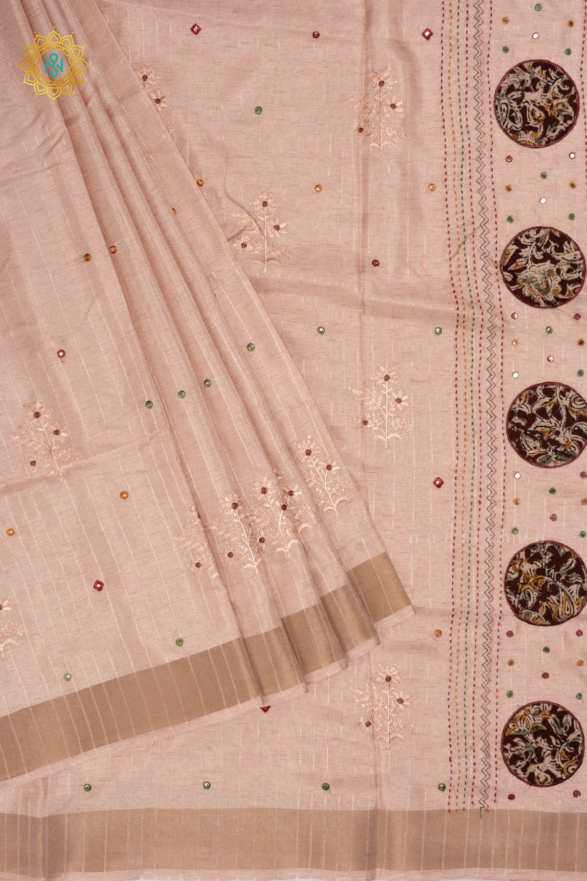 PEACH - SOFT TUSSAR SILK SAREE ALLOVER KATHA WORK BUTTAS WITH KATHA STITCH AND APPLIQUÉ WORK PALLU & TISSUE BORDER