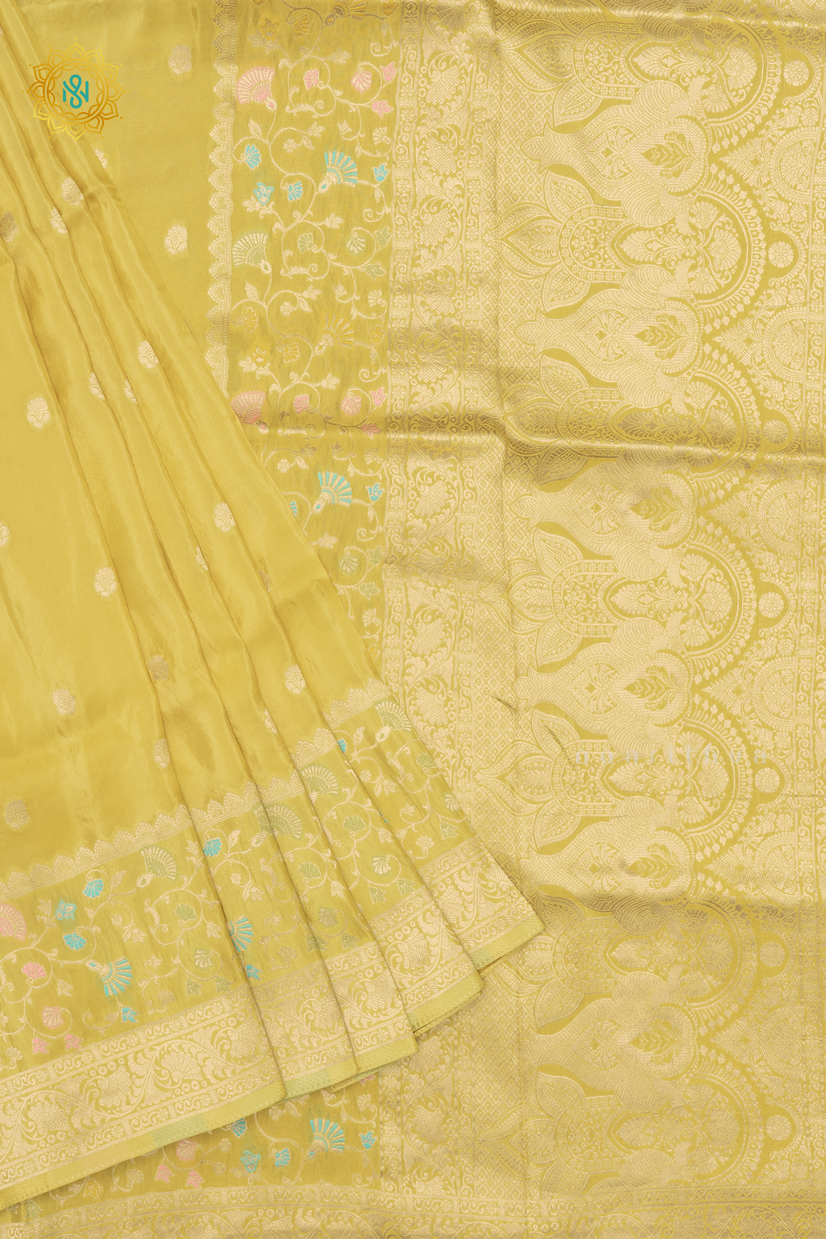 YELLOW  WITH OLIVE GREEN - SATIN CREPE