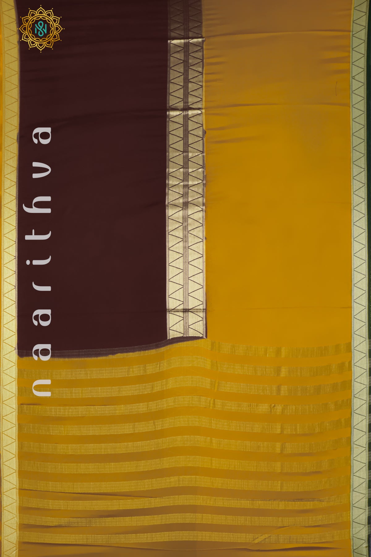 YELLOW WITH BROWN & GREEN - SEMI MYSORE CREPE SILK