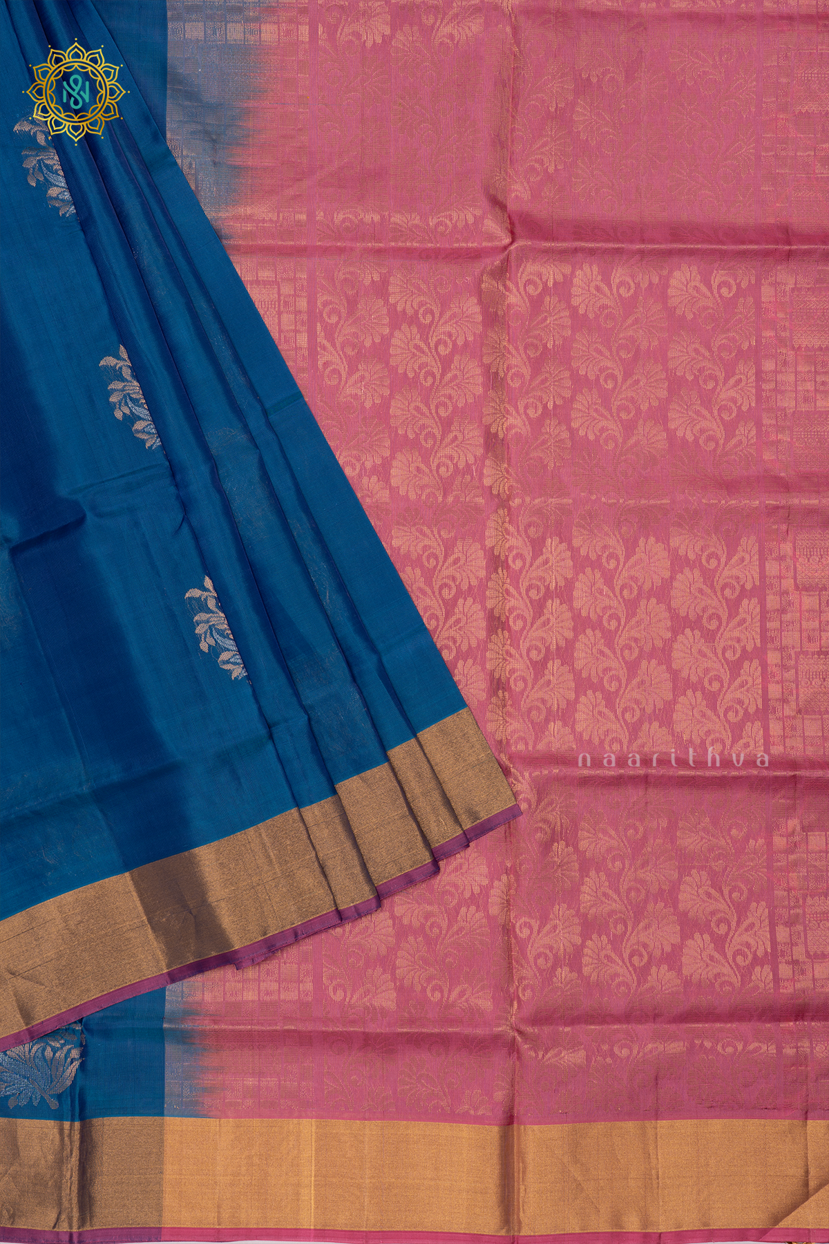 Blue with Pinkish Lavender Pure Mix Kanjivaram Soft Silk Saree with All-Over Zari Buttas and a Contrast Zari Border