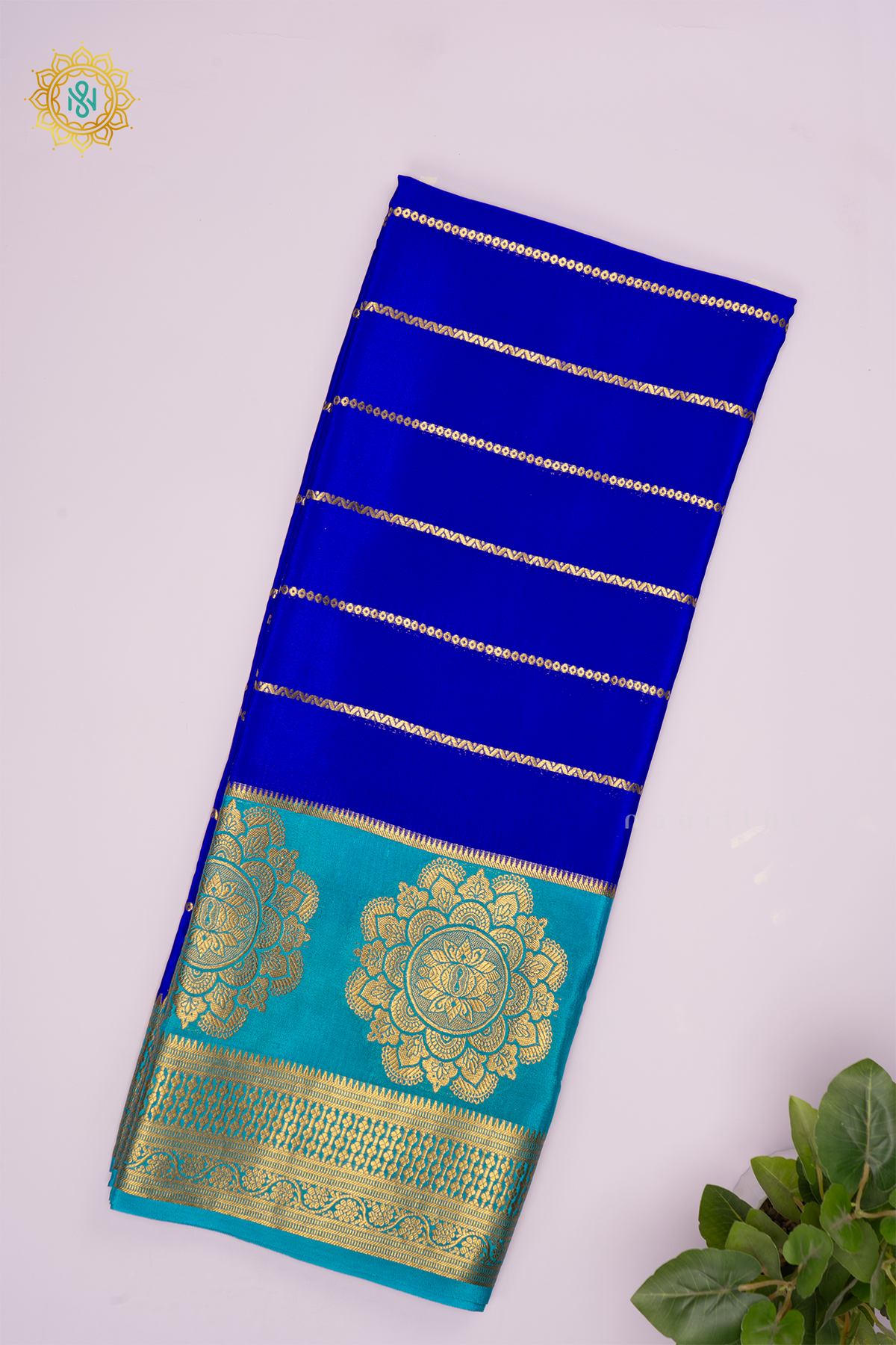 ROYAL BLUE WITH SKY BLUE - PURE MYSORE CREPE SILK