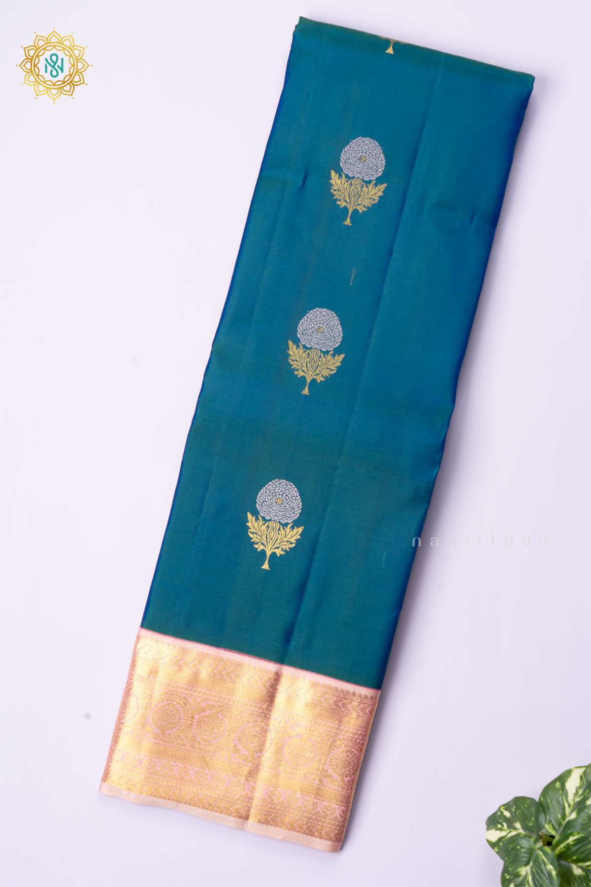 PEACOCK BLUE WITH PEACH - PURE KANJIVARAM SILK