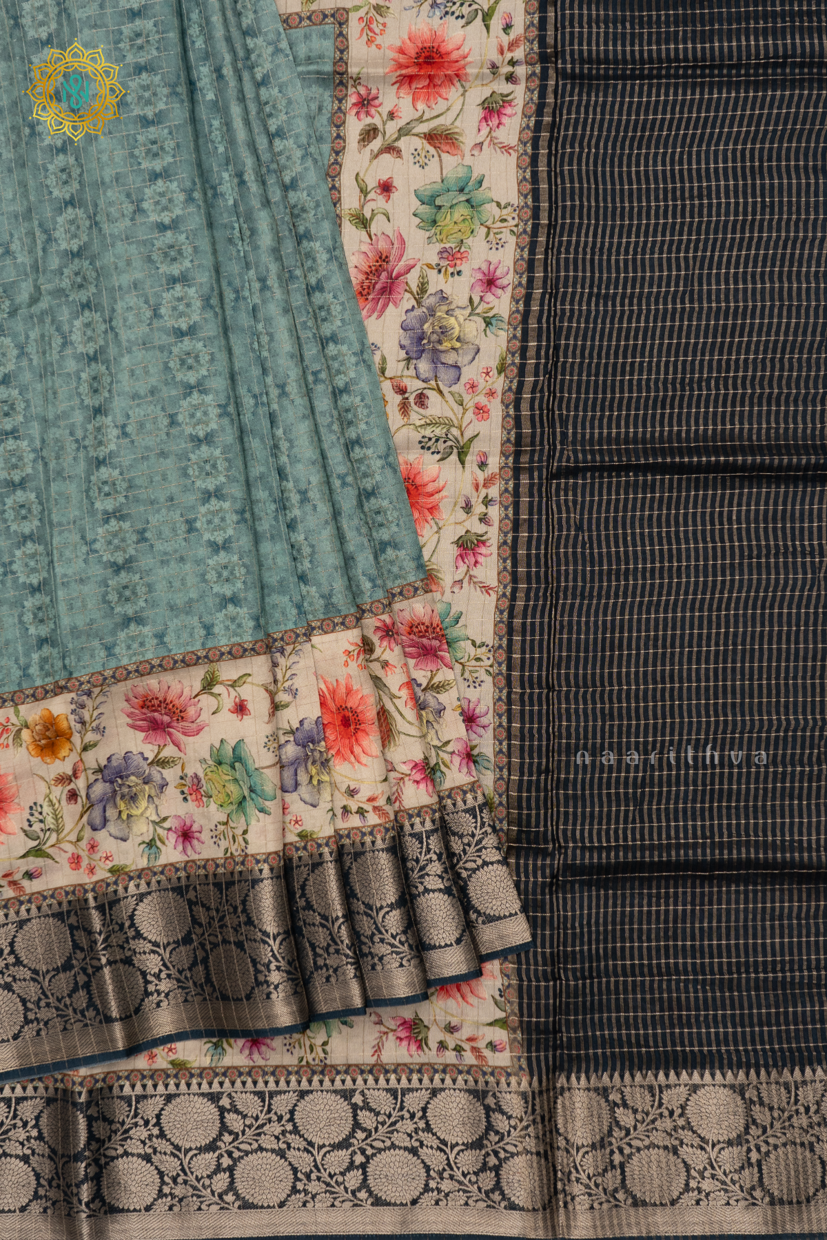 AQUA BLUE WITH PEACOCK BLUE  - SEMI CREPE SILK