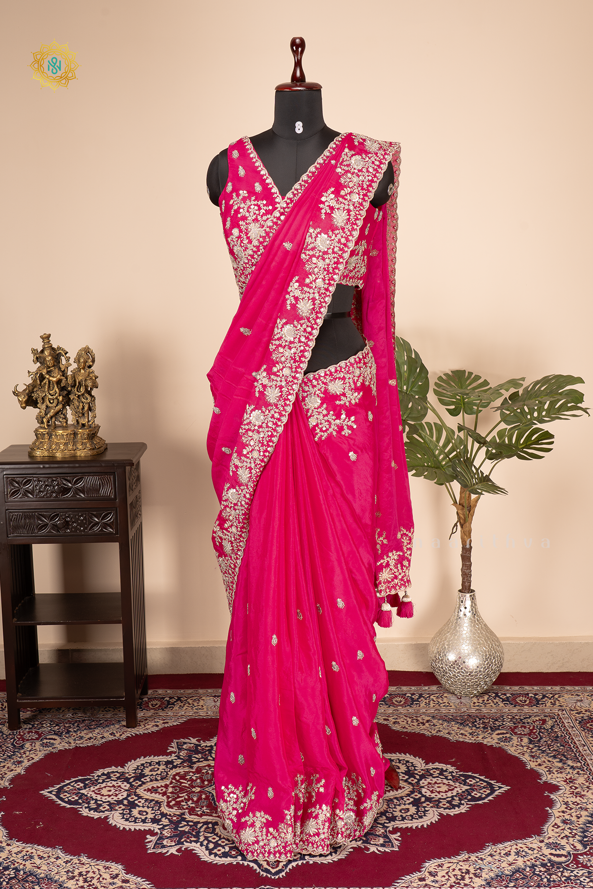 Pink Chinnon Designer Wear Saree with Readymade Blouse