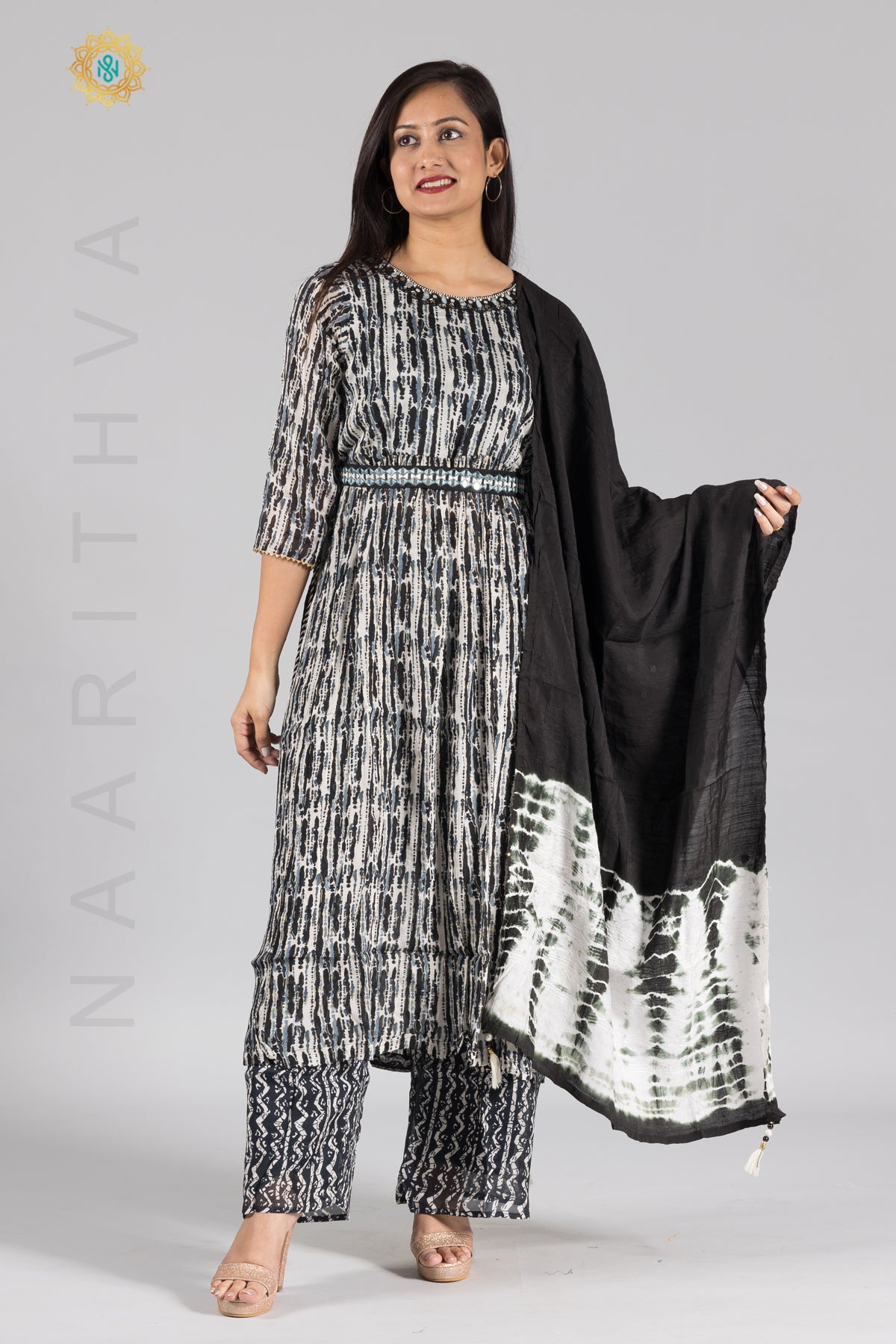 BLACK & WHITE - PARTY WEAR NAYRA CUT SALWAR SUIT WITH PARALLEL CUT PANT & DUPATTA