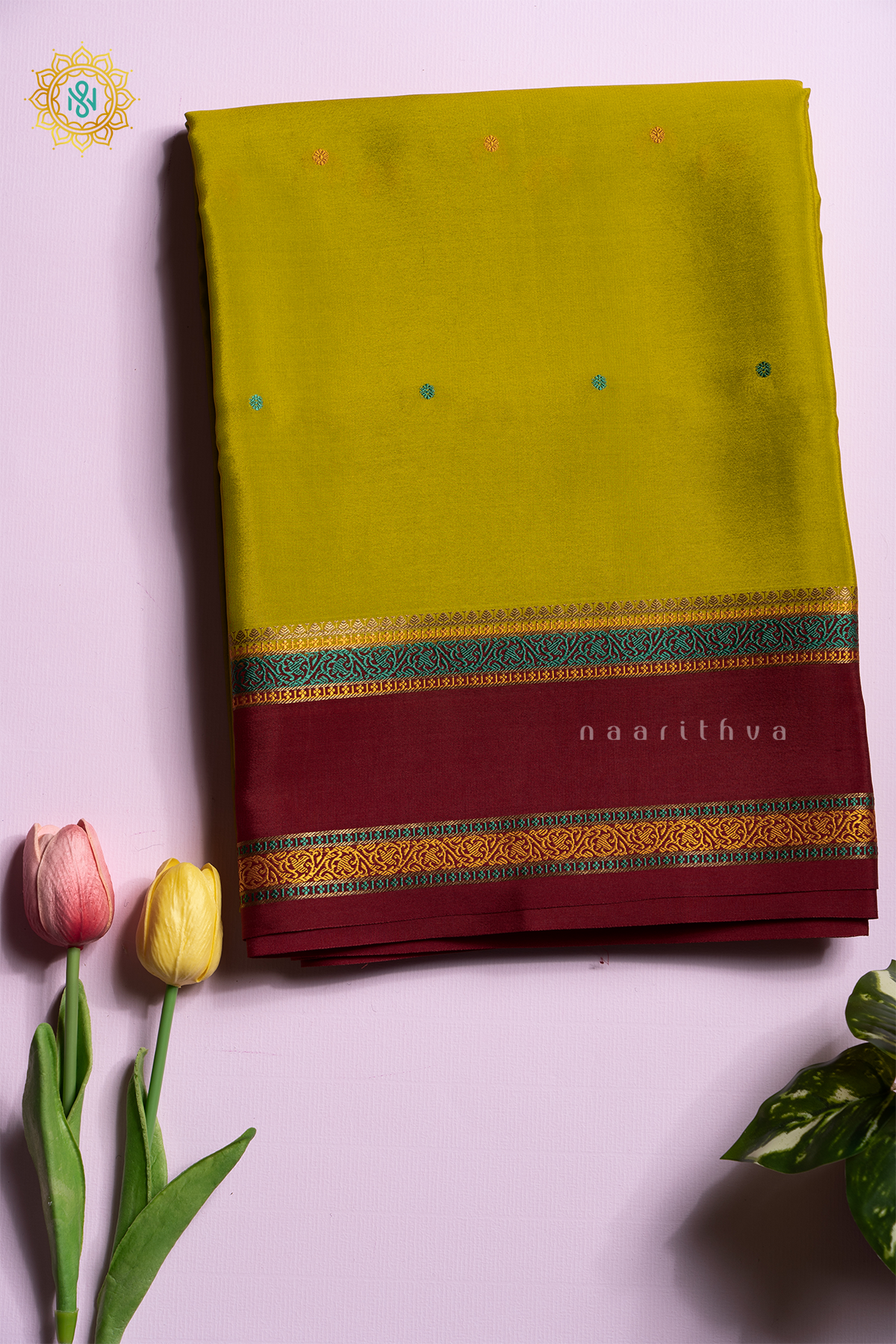 PARROT GREEN WITH MAROON - PURE MYSORE CREPE SILK