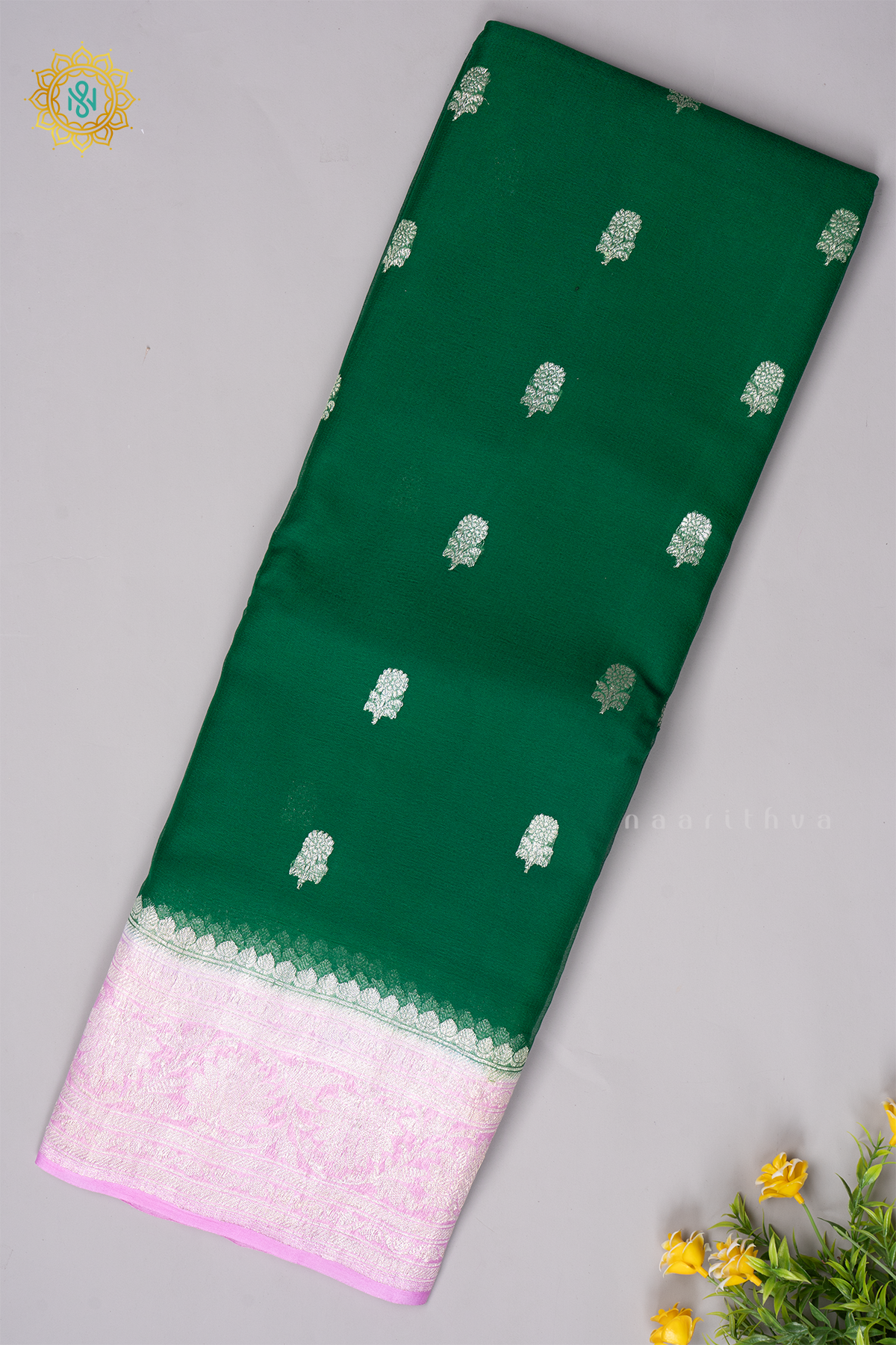 GREEN WITH PINK - PURE BANARASI CHIFFON