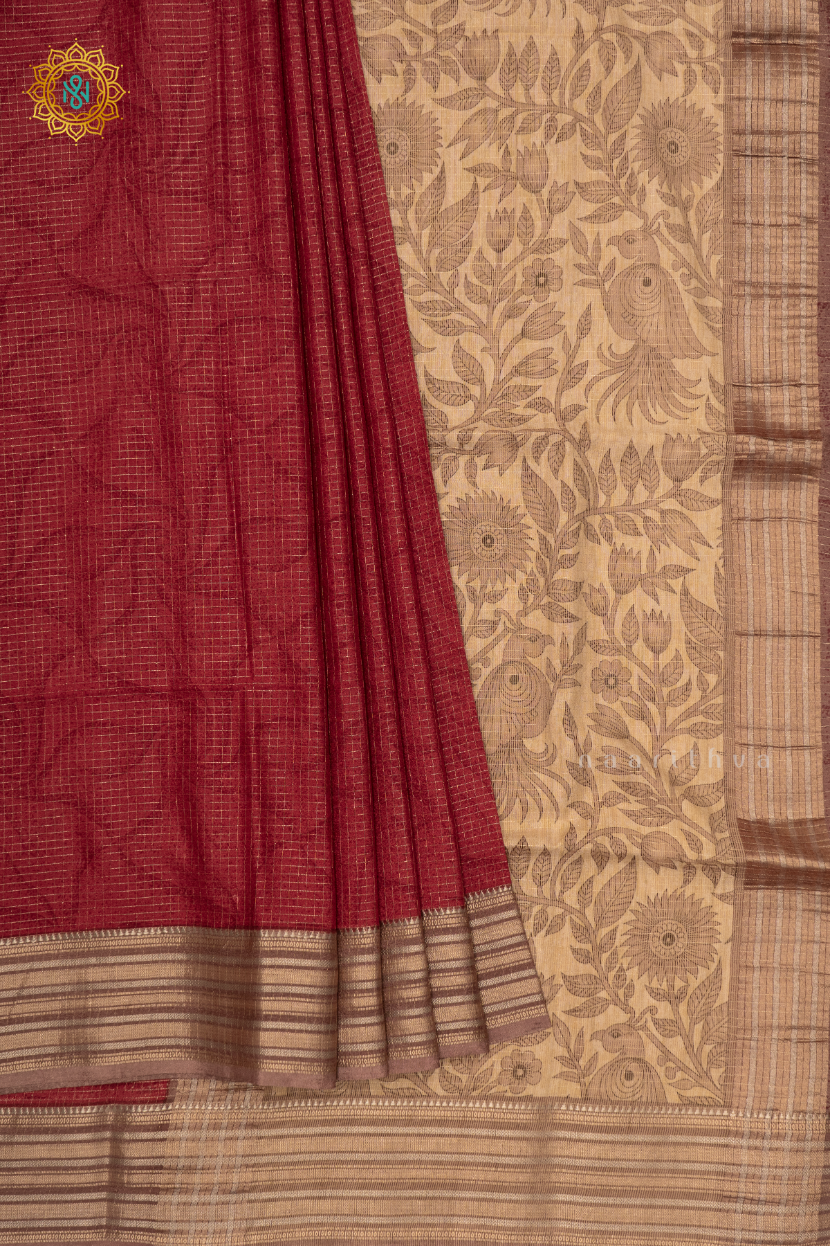 MAROON WITH BEIGE - SEMI CREPE SILK