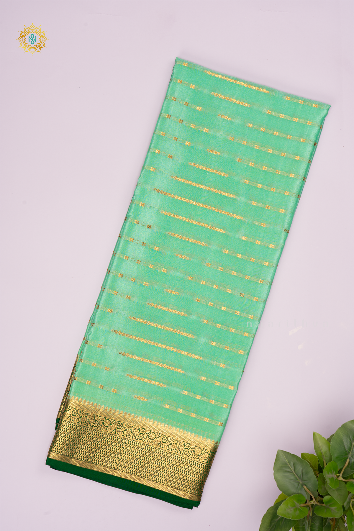 AQUA GREEN WITH BOTTLE GREEN - PURE MYSORE CREPE SILK