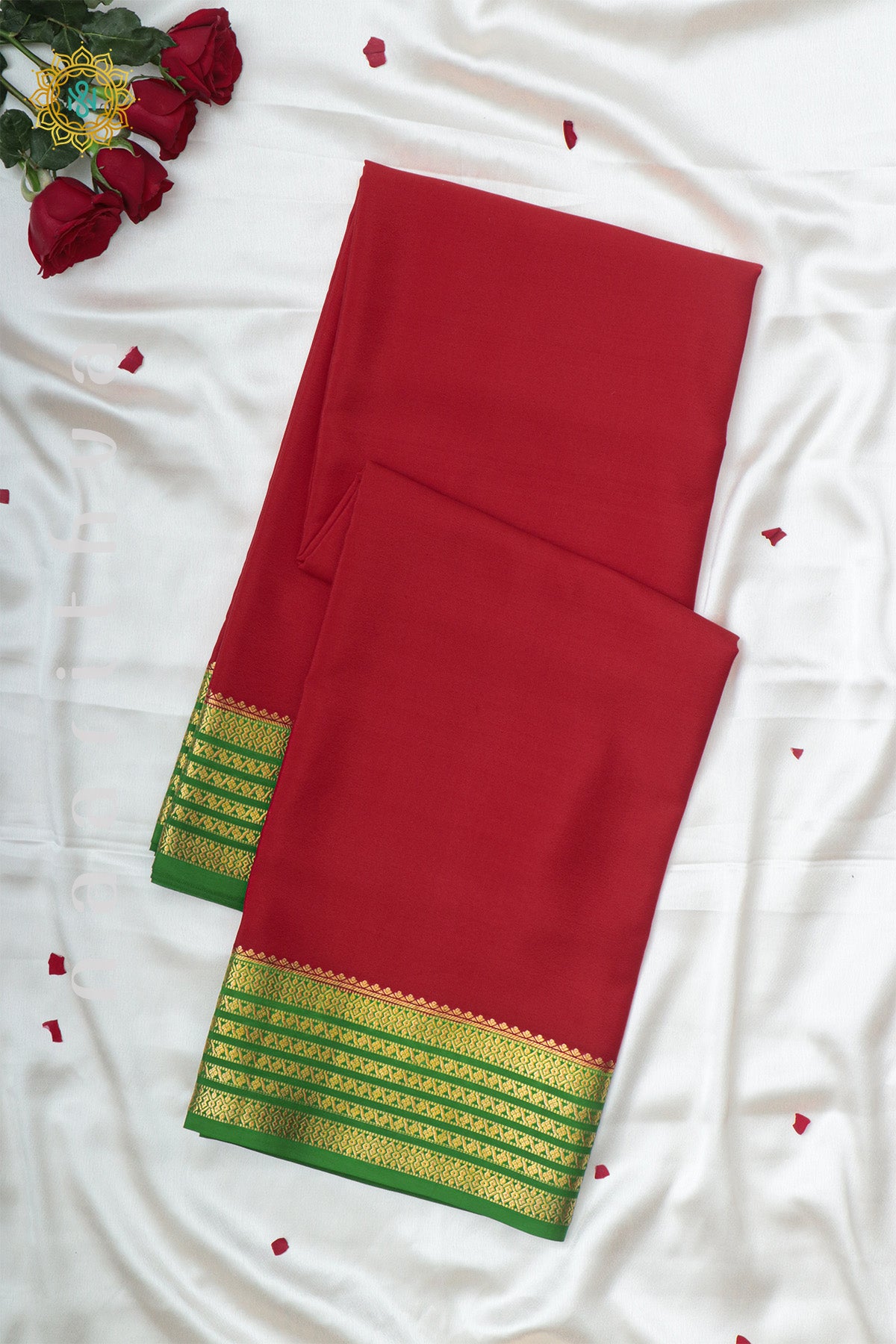 RED WITH GREEN - PURE MYSORE CREPE SILK